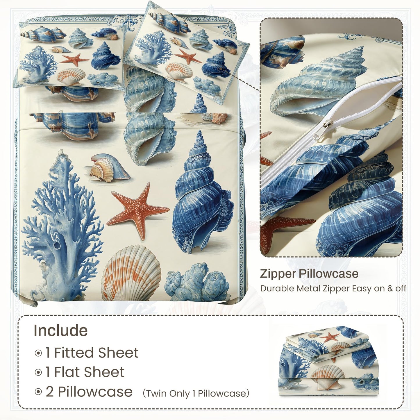 Seashell Bedding Set 4 Pcs Blue and White Coastal Queen Sheets
