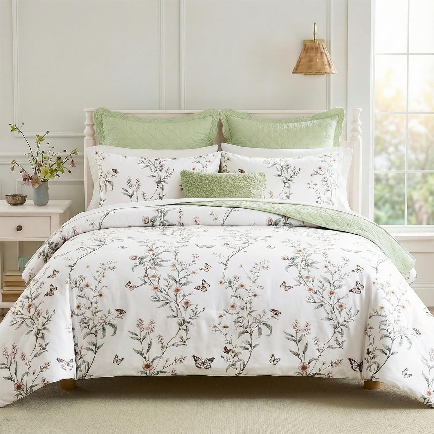 Bedorm 100% Cotton Duvet Cover Set Queen Vintage Floral Bedding Set Green Leaf Branches Flower Pattern 3 Pcs Soft Durable Duvet Cover with Zipper Closure