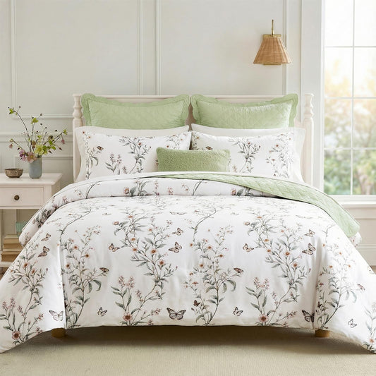 Bedorm 100% Cotton Duvet Cover Set Queen Vintage Floral Bedding Set Green Leaf Branches Flower Pattern 3 Pcs Soft Durable Duvet Cover with Zipper Closure