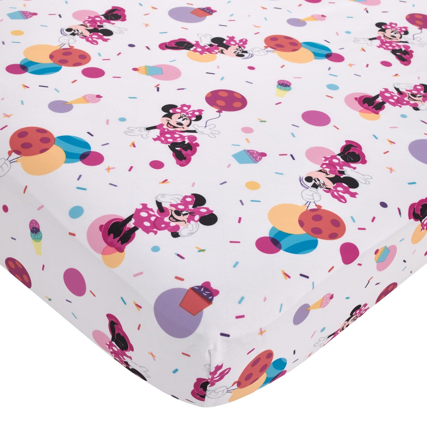 Disney Minnie Mouse Let's Party Pink, Balloons, Cupcakes, and Confetti Party at Minnie's 4 Piece Toddler Bed Set - Comforter, Fitted Bottom Sheet, Flat Top Sheet, and Reversible Pillowcase