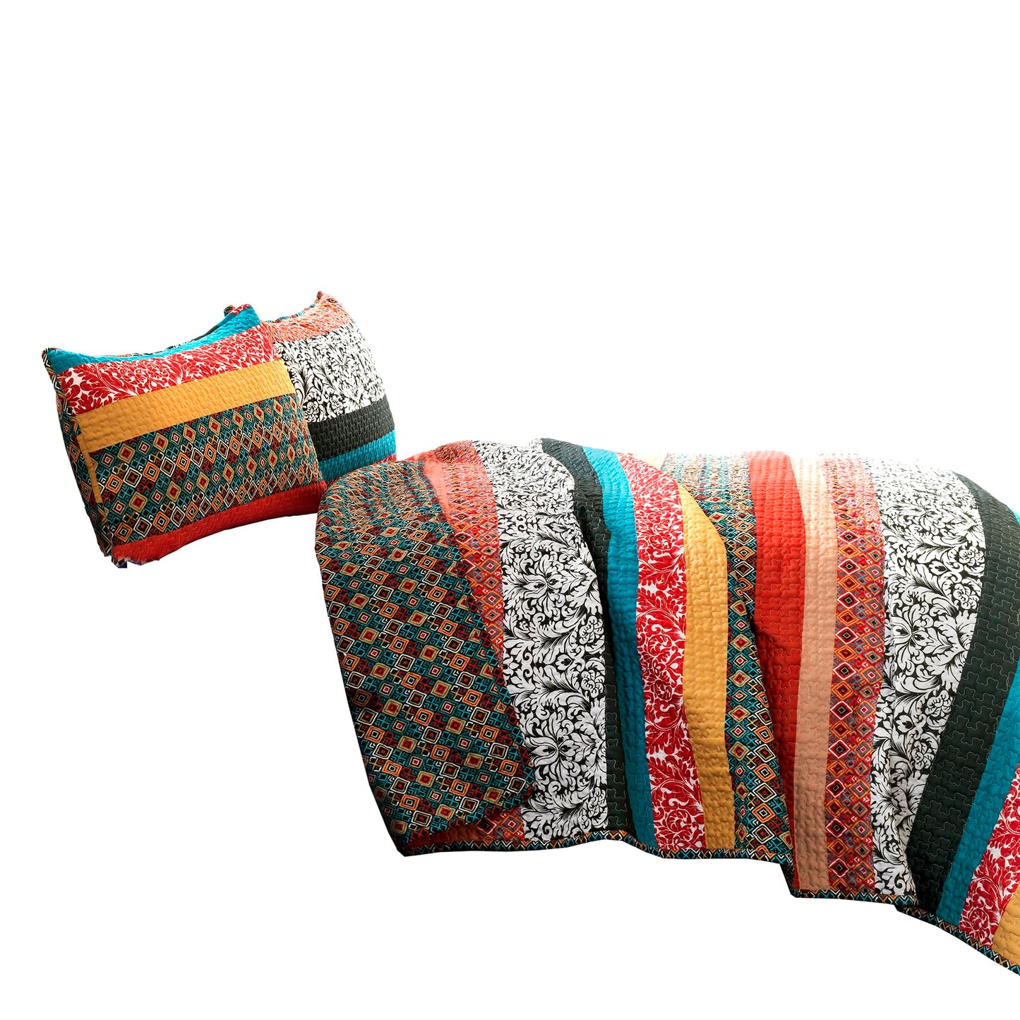 Lush Decor Boho Stripe Reversible Cotton Quilt 3-Piece Set, Full/ Queen, Turquoise & Tangerine - Bold Colorful Bohemian Bedding Set