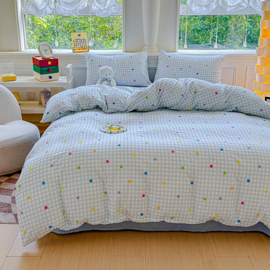 BlueBlue Blue Grid Duvet Cover Set Queen 100% Cotton Soft Lightweight Gauze Bedding Rainbow Polka Dot on Plaid 1 Abstract Geometric Full Comforter Cover 2 Pillow Shams, Queen