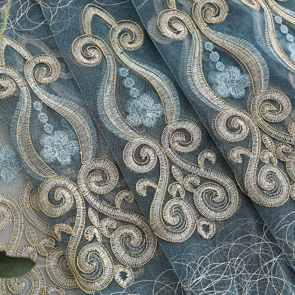Amidoudou 1 Pair European Jacquard Sheer Curtains Embroidered Tulle Curtains Living Room Bedroom Luxury Translucent Curtains (Blue Grey,51x96 Inch)