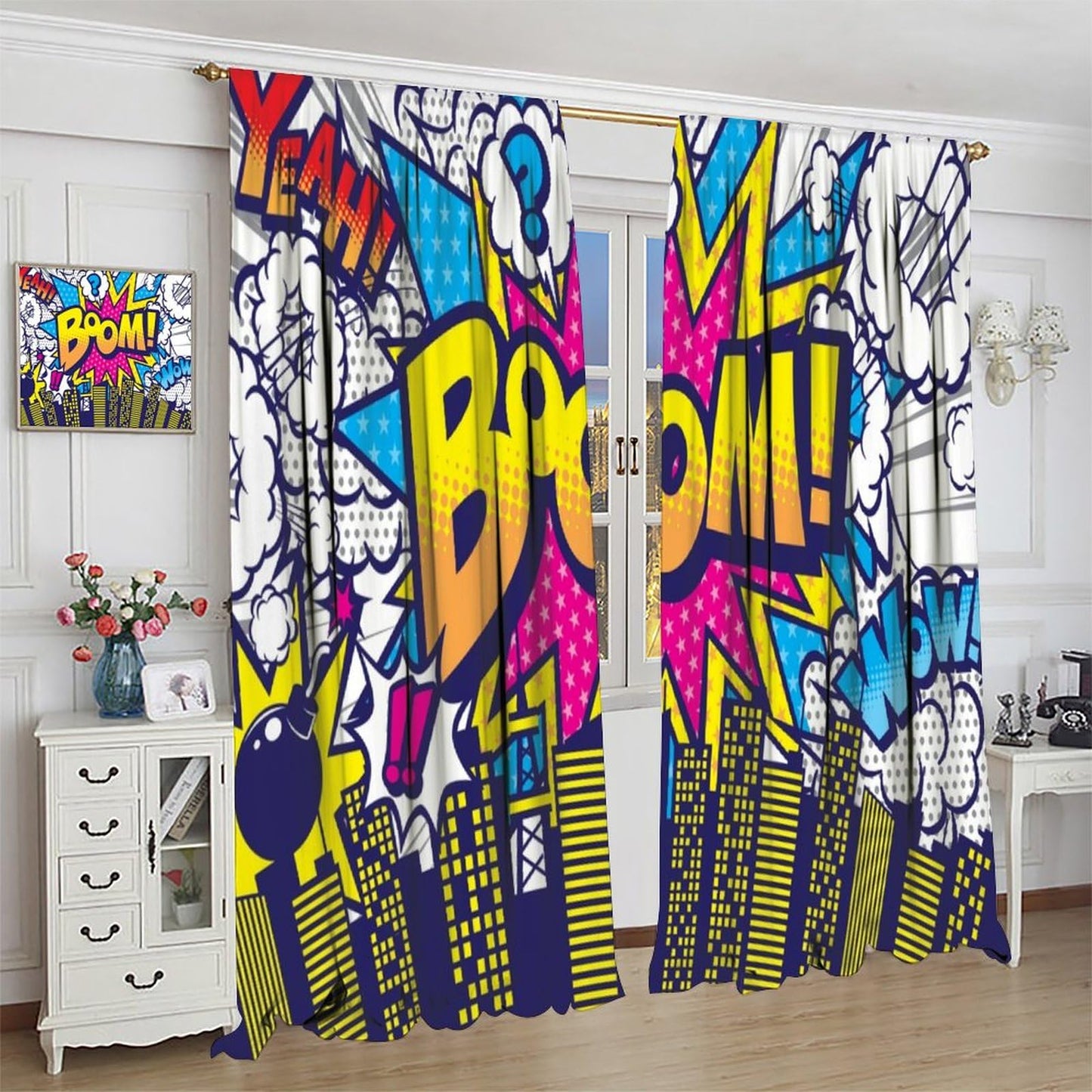 Hero Window Curtains,Comic Art Style Buildings Cityscape Cartoon City Window Treatments for Kids Boys Girls Bedroom Nursery Décor Drapes 2 Panel Sets Total Size 42" x 45"