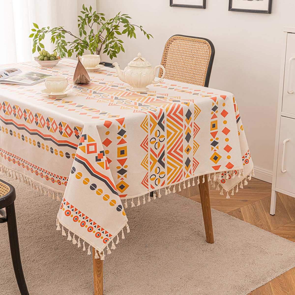 JunWondC Waterproof Bohemian Tablecloth 6-8ft Rectangle Orange Multi Tassel