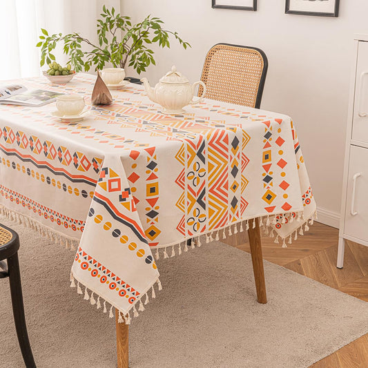 JunWondC Waterproof Bohemian Tablecloth 6-8ft Rectangle Orange Multi Tassel