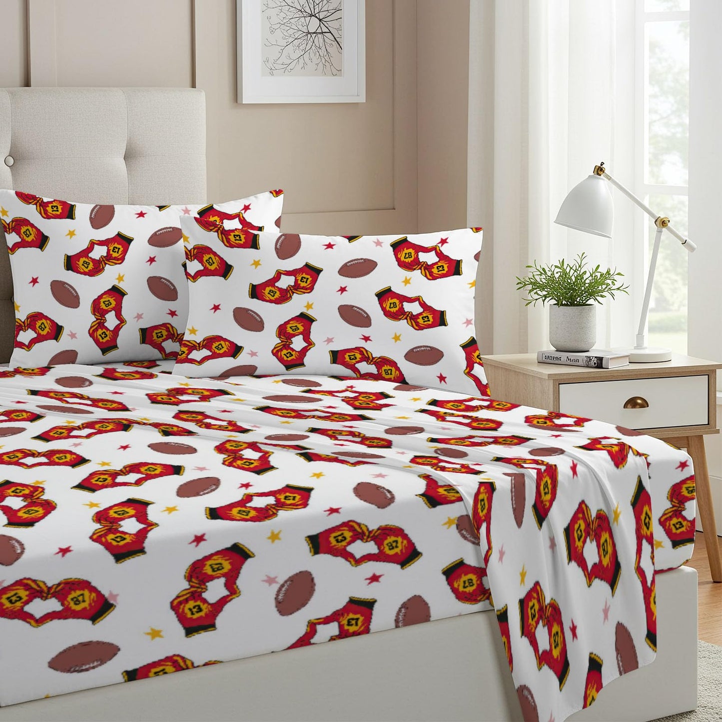 Allenjoy Twin Size Kansas City Fitted Sheet Professional Football Team Bed Flat Sheets Bedding Set Deep Pockets Up to 16" Bedroom Decor with 1 Pillowcase SC00079-009