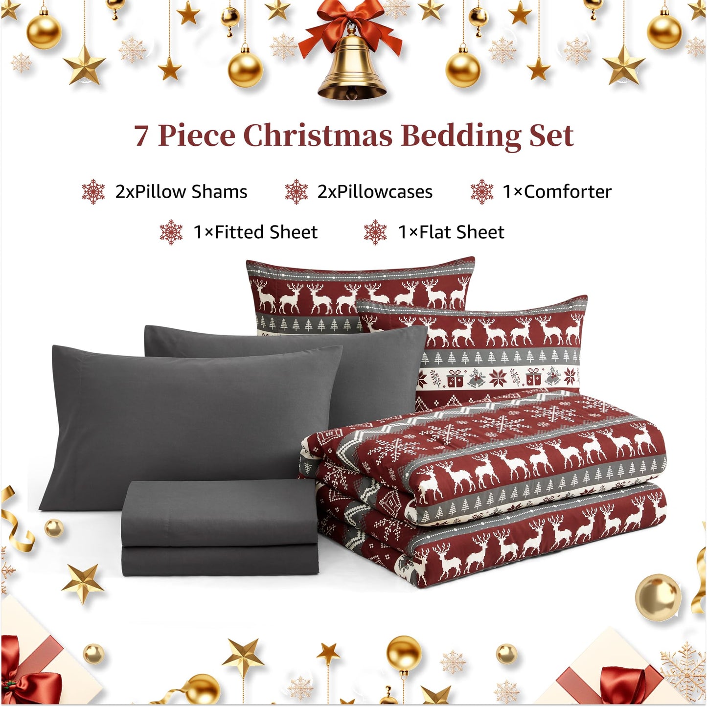 MaiRêve Christmas Queen Comforter Set, Red Reindeer Snowflake Bed Set for Holiday, Reversible Plaid Checkered Comforter Bed in a Bag, Soft Bedding Set 7 Pieces with Sheets, Pillowcases & Shams