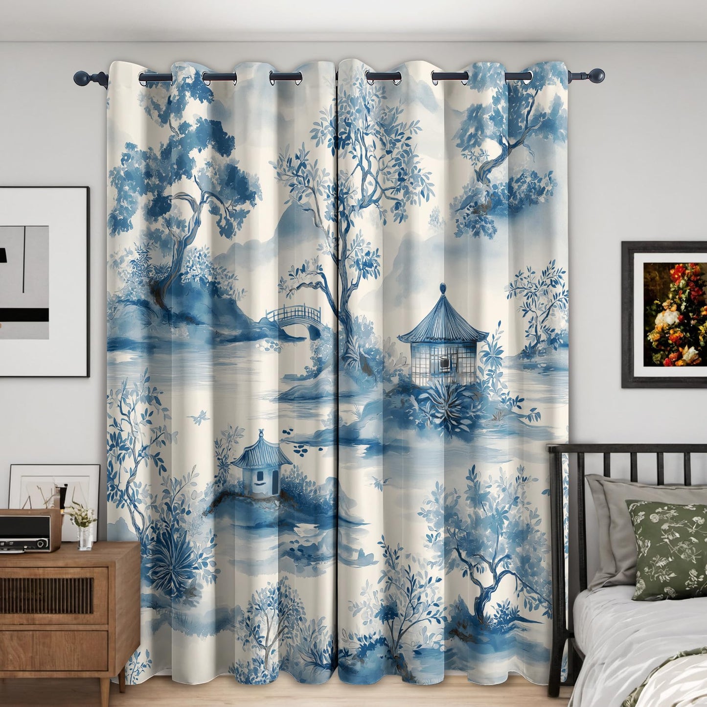 Chinese Asian Curtains for Bedroom Kitchen, 39 Inch 2 Panels, Chinoiserie Landscape Printed Pattern, 95% Blackout Window Drapes for Living Room, Chinese Home Decor, Grommet Top GR41