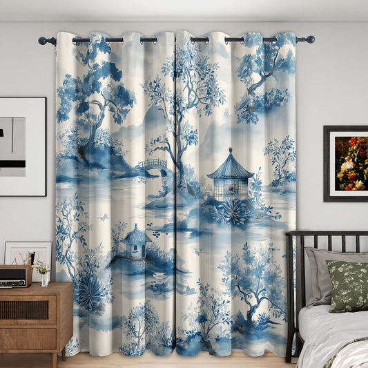 Chinese Asian Curtains for Bedroom Kitchen, 39 Inch 2 Panels, Chinoiserie Landscape Printed Pattern, 95% Blackout Window Drapes for Living Room, Chinese Home Decor, Grommet Top GR41