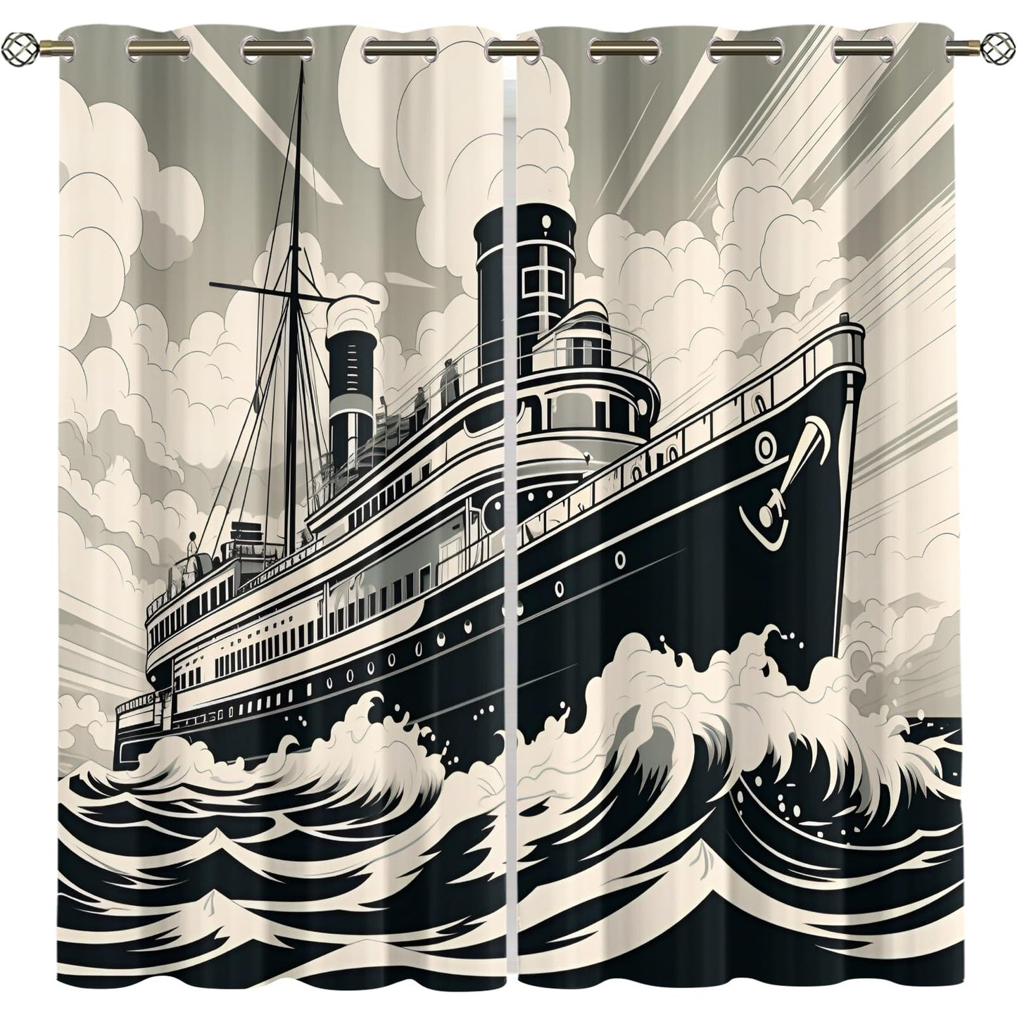 XAFIAUR Vintage Cruise Ship Blackout Curtains, Steamship Curtains for Living Room, Nautical Style Black Out Bedroom Curtain Thermal Insulated Grommet Drapes 2 Panels, for Boys Room 26" W x 63" L x2