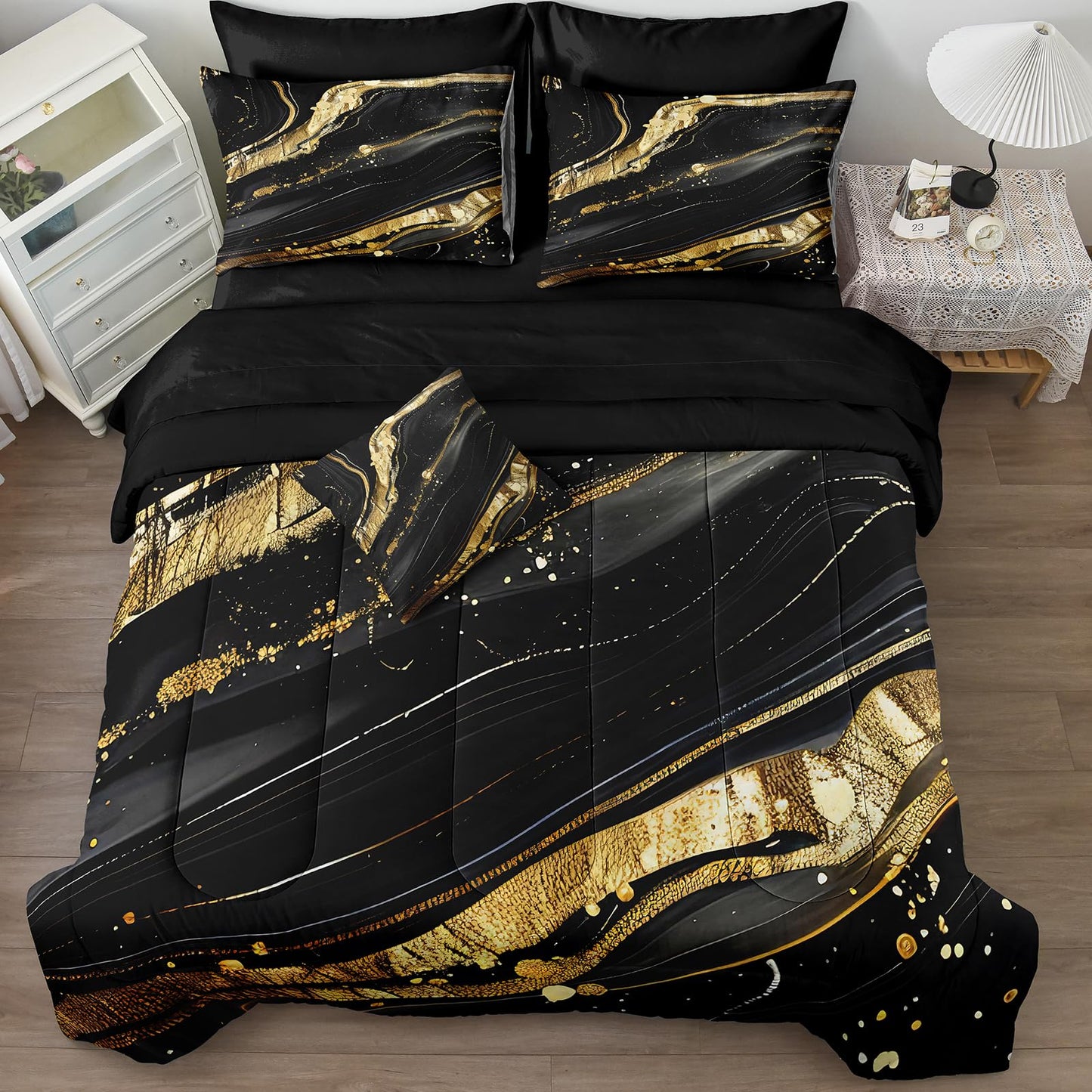 MOVE OVER 8 Pieces Black Gold Marble Bed in a Bag King Size Abstract Marble Textured Comforter Set with 1 Comforter 4 Pillowcases 1 Flat Sheet 1 Fitted Sheet 1 Cushion Cover