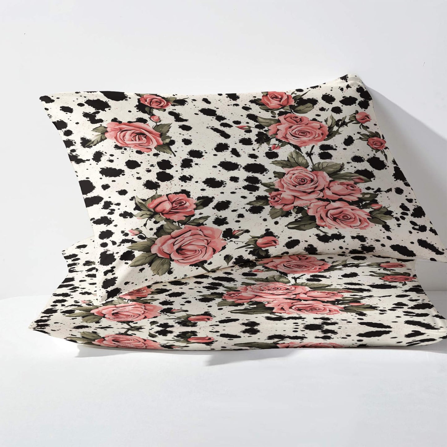 NOGAWA Pink Rose Sheets Queen, Cow Print Bed Sheets, Floral Flower Bedding Sheets, Soft Microfiber Deep Pocket Fitted Sheet, Flat Sheet, 2 Pillowcases