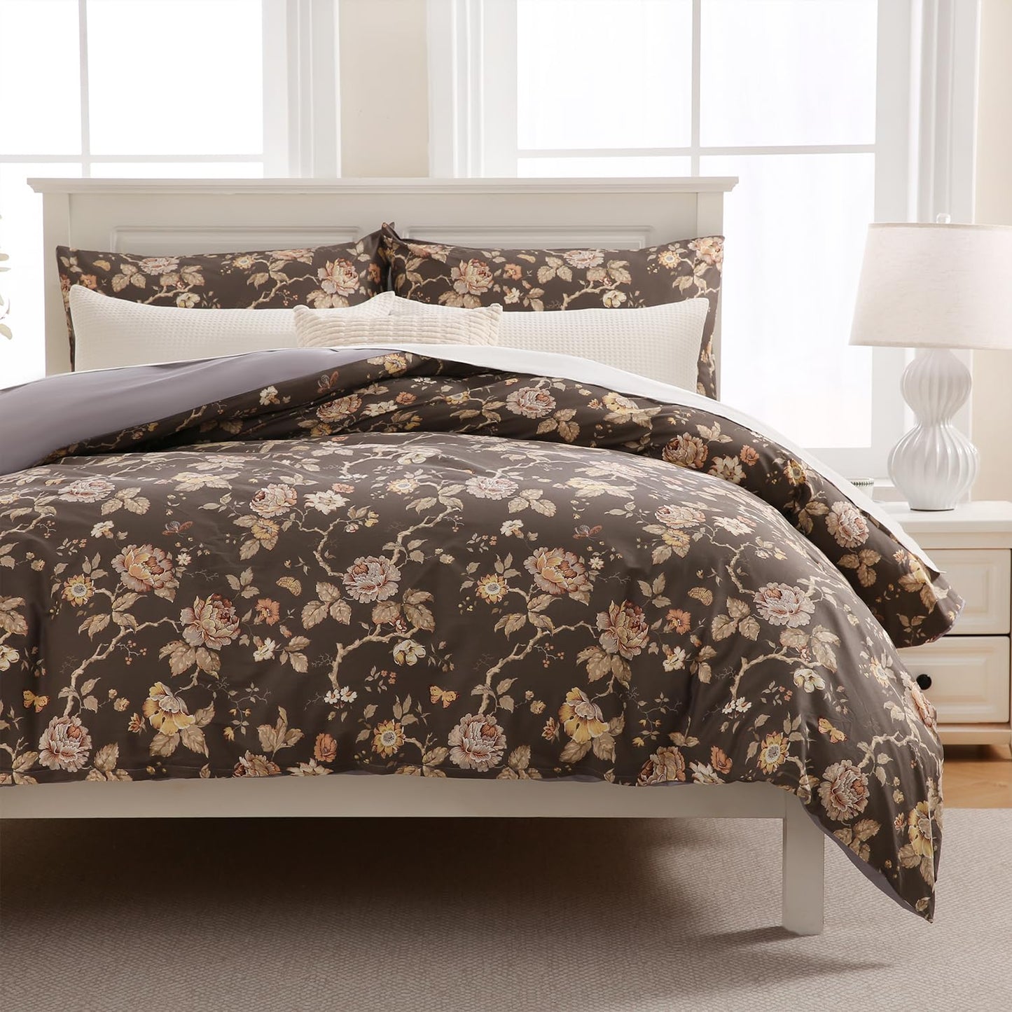 Zusbest Grey Brown Duvet Cover King 100% Cotton Shabby Vintage Floral Bedding Mocha Comforter Cover with Zipper, Soft Skin-Friendly Breathable, Peony Flower Print Bed Set, 3 Pcs