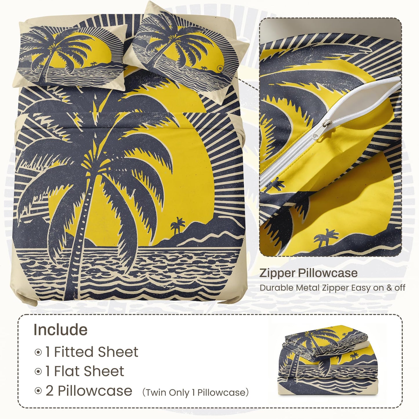 Tropical Palm Tree Bedding Set 4 Pcs Retro 70s Tiki Queen Sheets