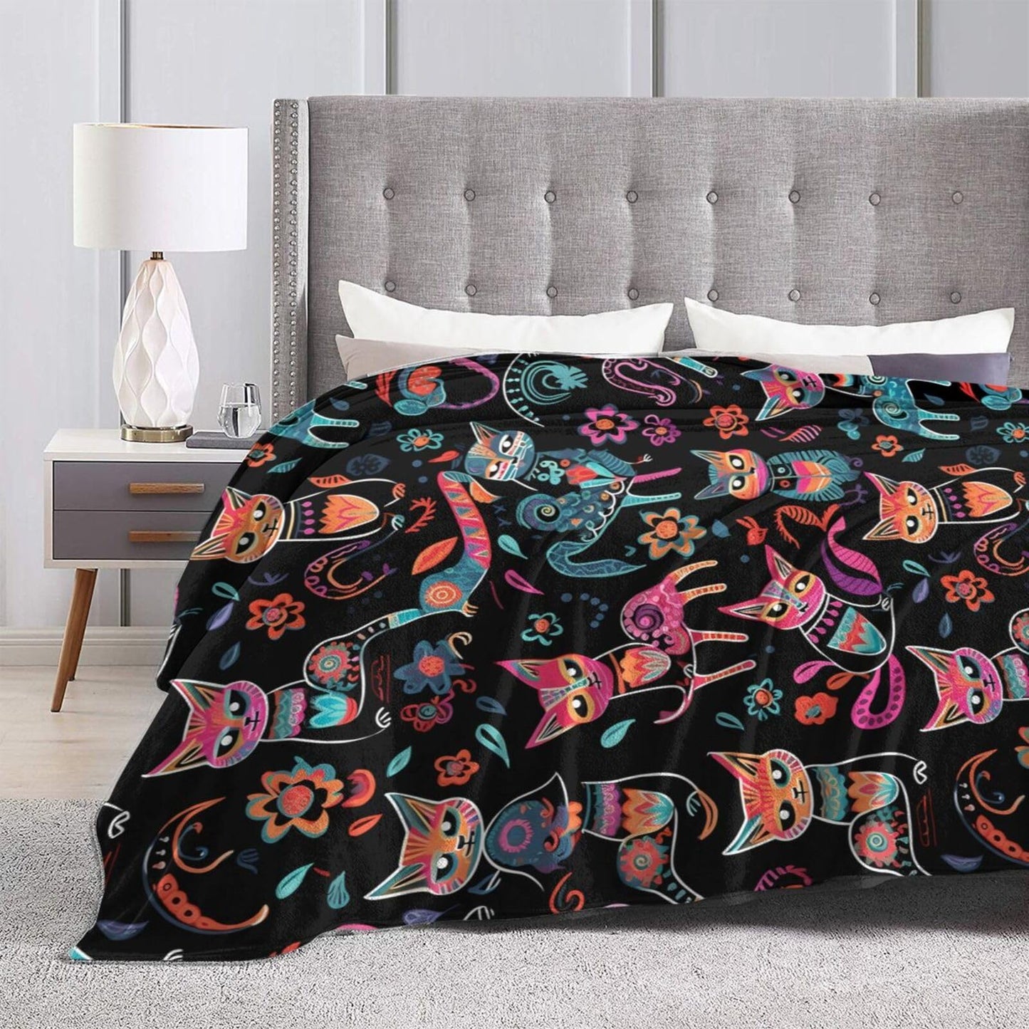 Ouqiuwa Dead Cats Floral Throw Blanket Sugar Skull Flowers Plush Microfiber Flannel Fleece Blanket 50"x40" for Bed Sofa Couch Camping Travel