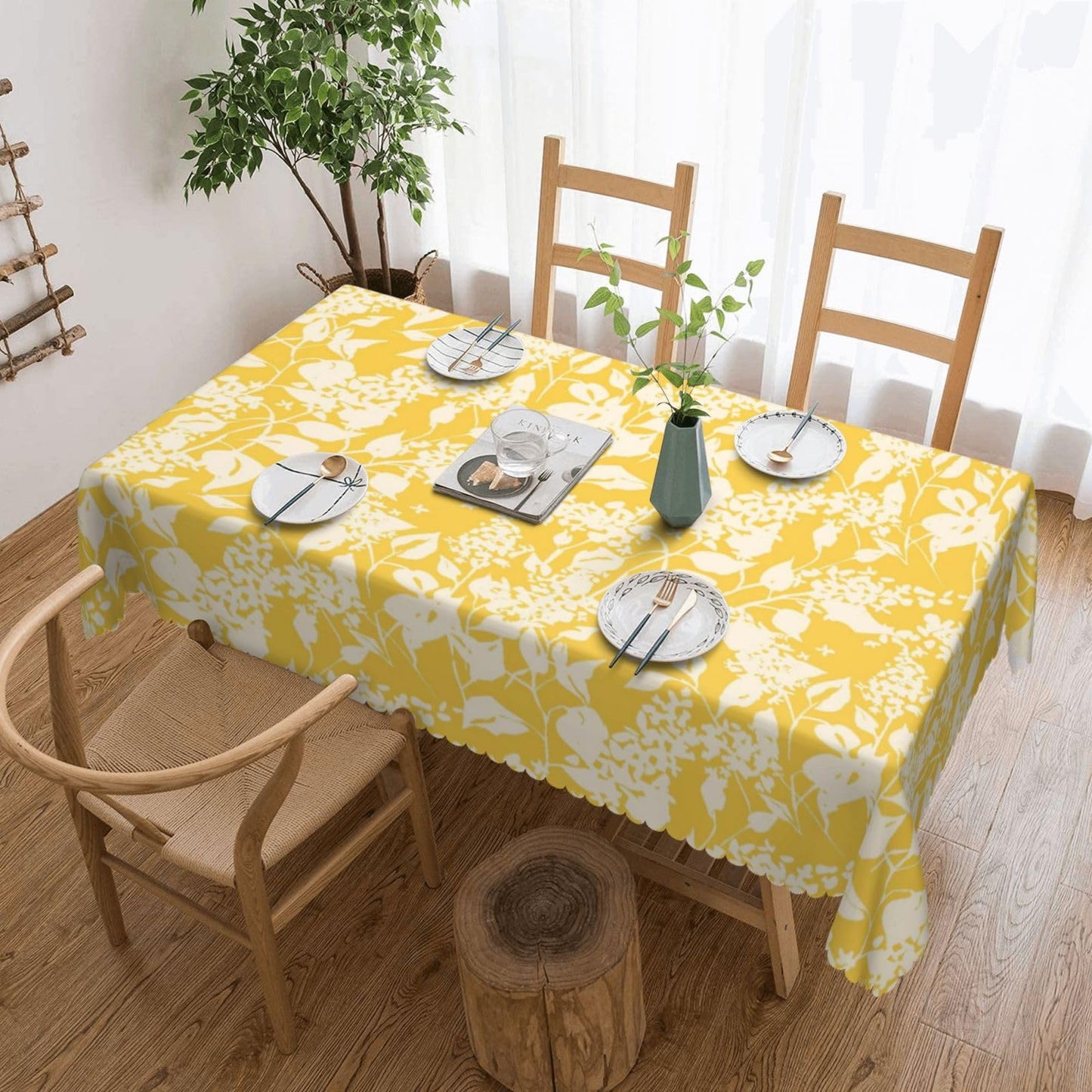 GOUROISE Bright Flowers Blooming Rectangular Tablecloth, Yellow Floral 54x72 Inch Wavy Lace Border Polyester Table Cloth for Dining, Kitchen, Parties