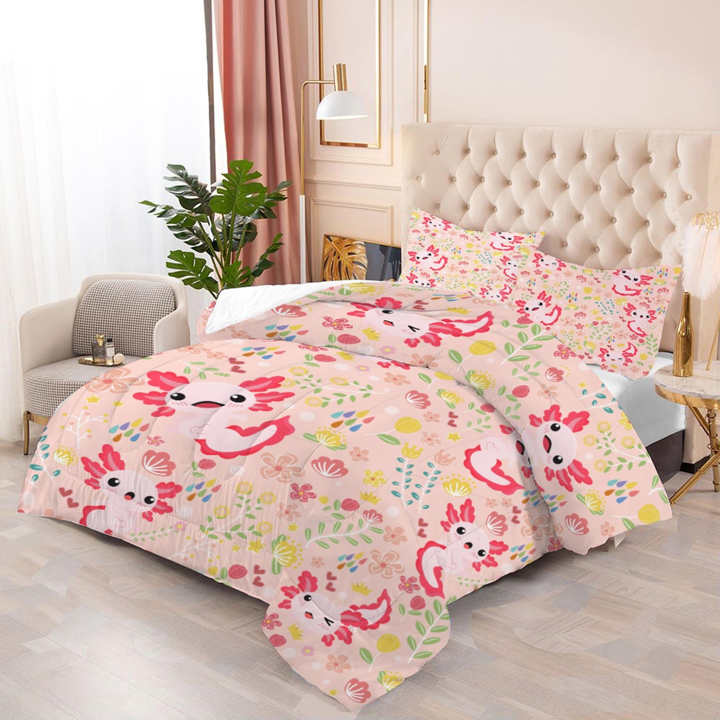 EDGZKO Axolotl Comforter Set Full Size Pink Floral Axolotl Bedding Sets for Kids Girls Teens Bedroom Cute Cartoon Flowers Bed Set 1 Comforter & 2 Pillowcases