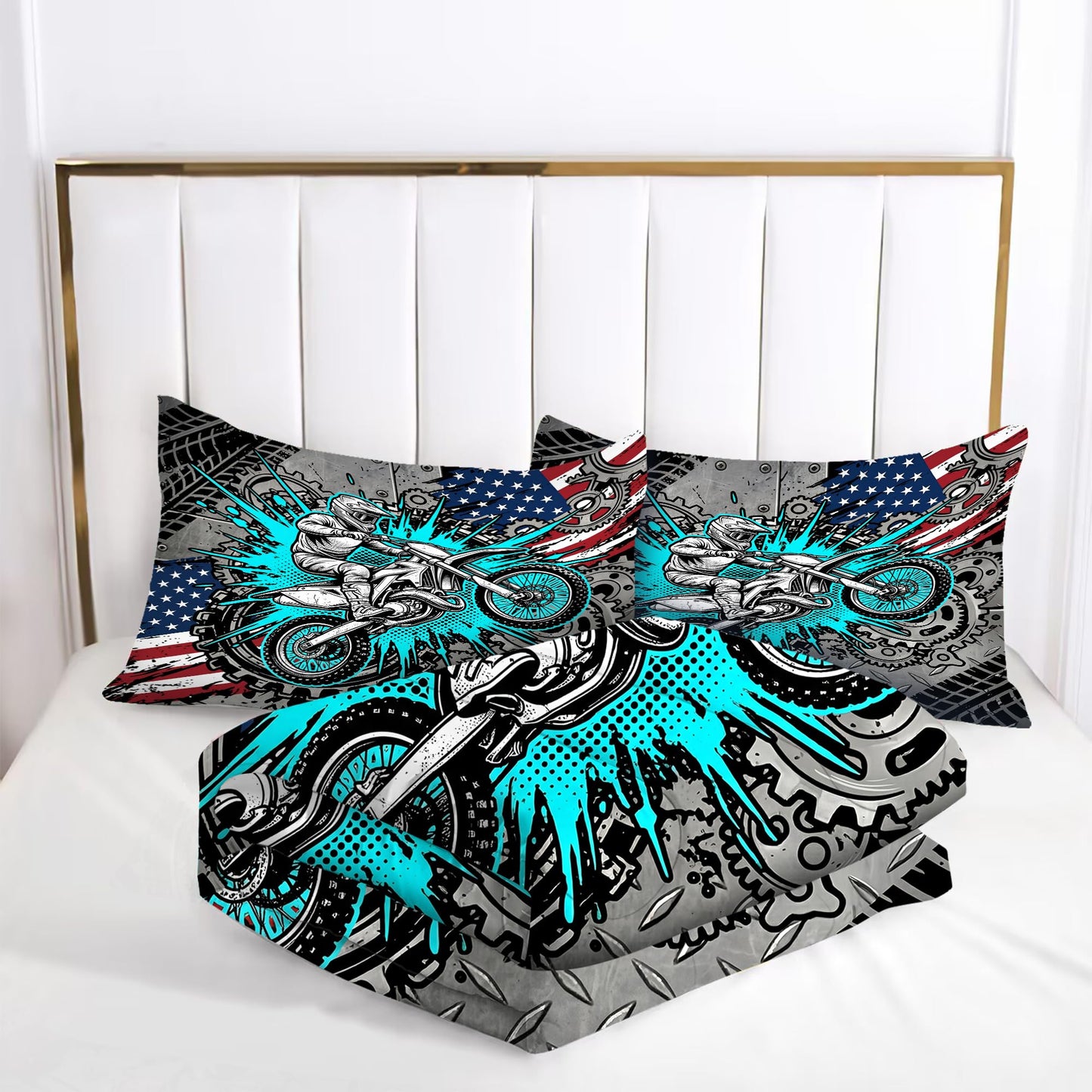 VTKON Motorcycle Comforter Set for Teens Queen 3Pcs with 1 Comforter and 2 Pillowcases Cool American Flag Bedding Boys Cool Bed Set Microfiber for All Season