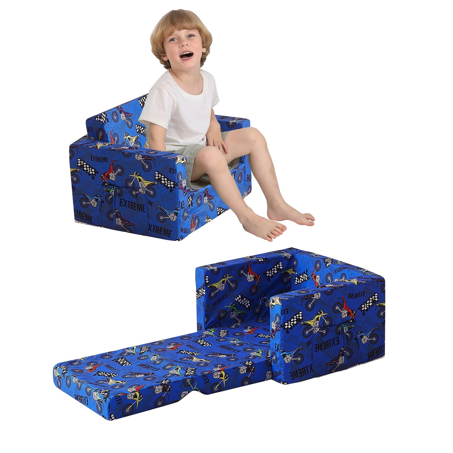 lasoftan Toddler Couch, 2-in-1 Soft Kids Couch Bed Fold Out, Toddler Chairs Comfy for Boys & Girls, Convertible Kids Sofa to Lounge for Playroom, Gift for Birthday, Children's Day - Blue Motorcycle