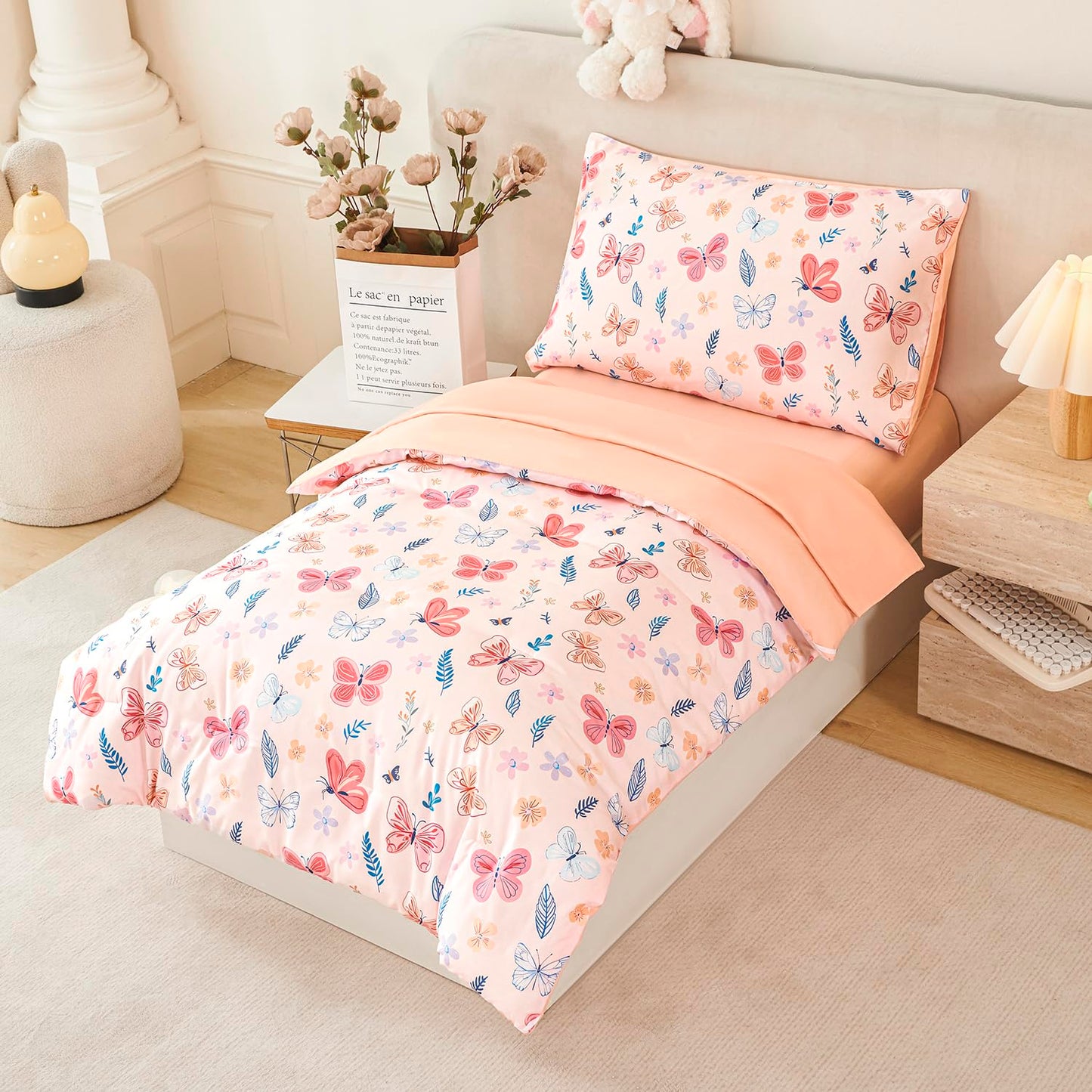 URBONUR Cute Butterfly Toddler Bedding Set for Girls, 4 Piece Bed-in-a-Bag Toddler Microfiber Comforter Sheet Set, Botanical Flowers Printed, All Season Easy Care