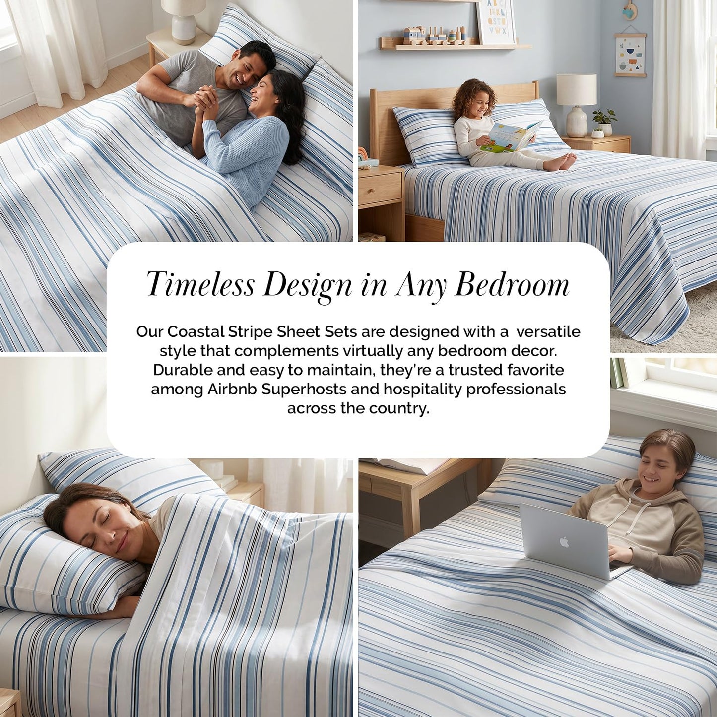 Southshore Fine Living, Inc. Coastal Sheets Set, 4 Piece Full Size Sheet Set Beach House Bedding, 15 Inch Deep Pocket Fitted Sheet, Ultra Soft Microfiber Blue and White Striped Sheets Full Size - Blue