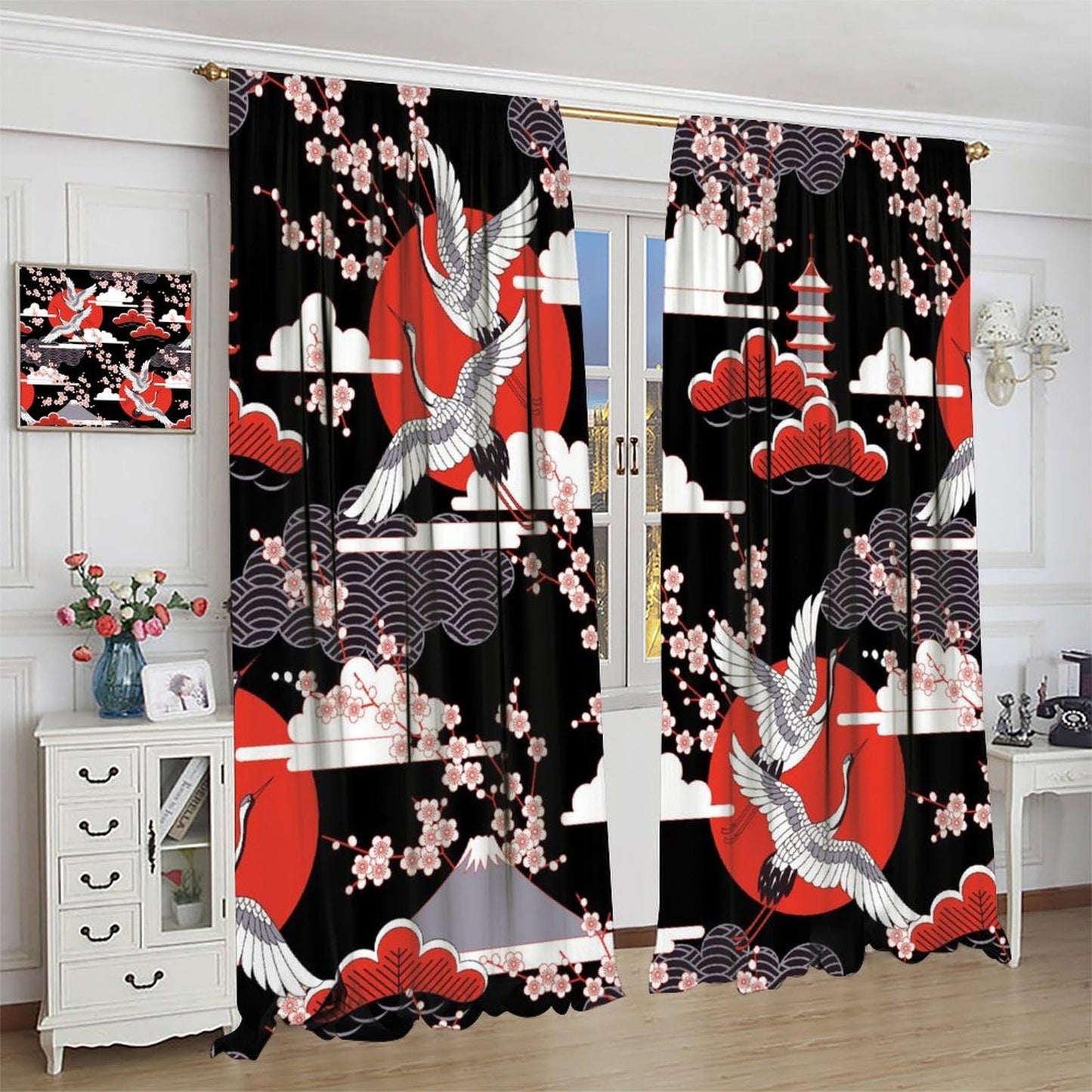 Mchenxin Japanese Crane Bird Curtains, Oriental Traditional Pink Cherry Blossoms Flower Retro Line Geometric Art Window Curtains for Kitchen Bedroom Living Room, 42x45in (No Blackout)