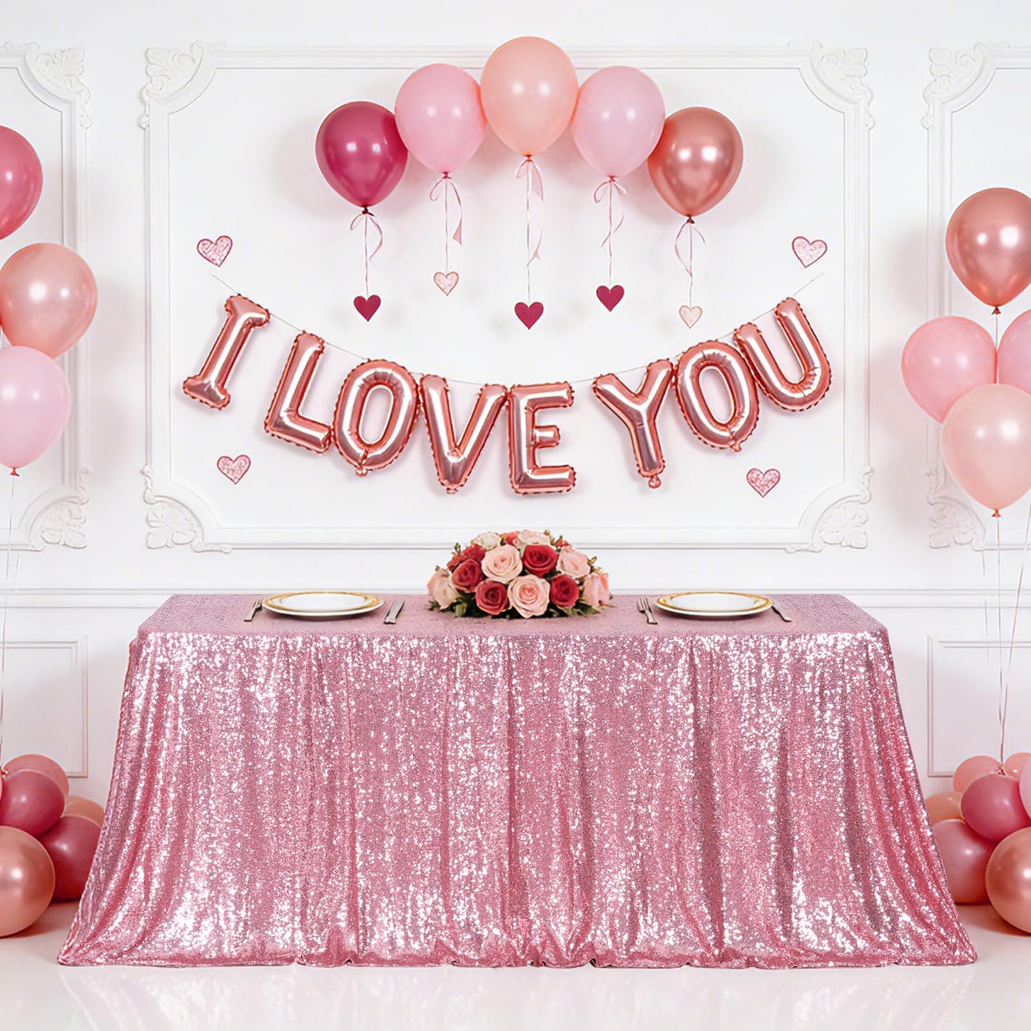 Eternal Beauty Fuchsia Pink Tablecloth, 50x80 Inch Sequin Rectangle Table Cover for Mother's Day Cake Dessert Exhibition Party Birthday Events
