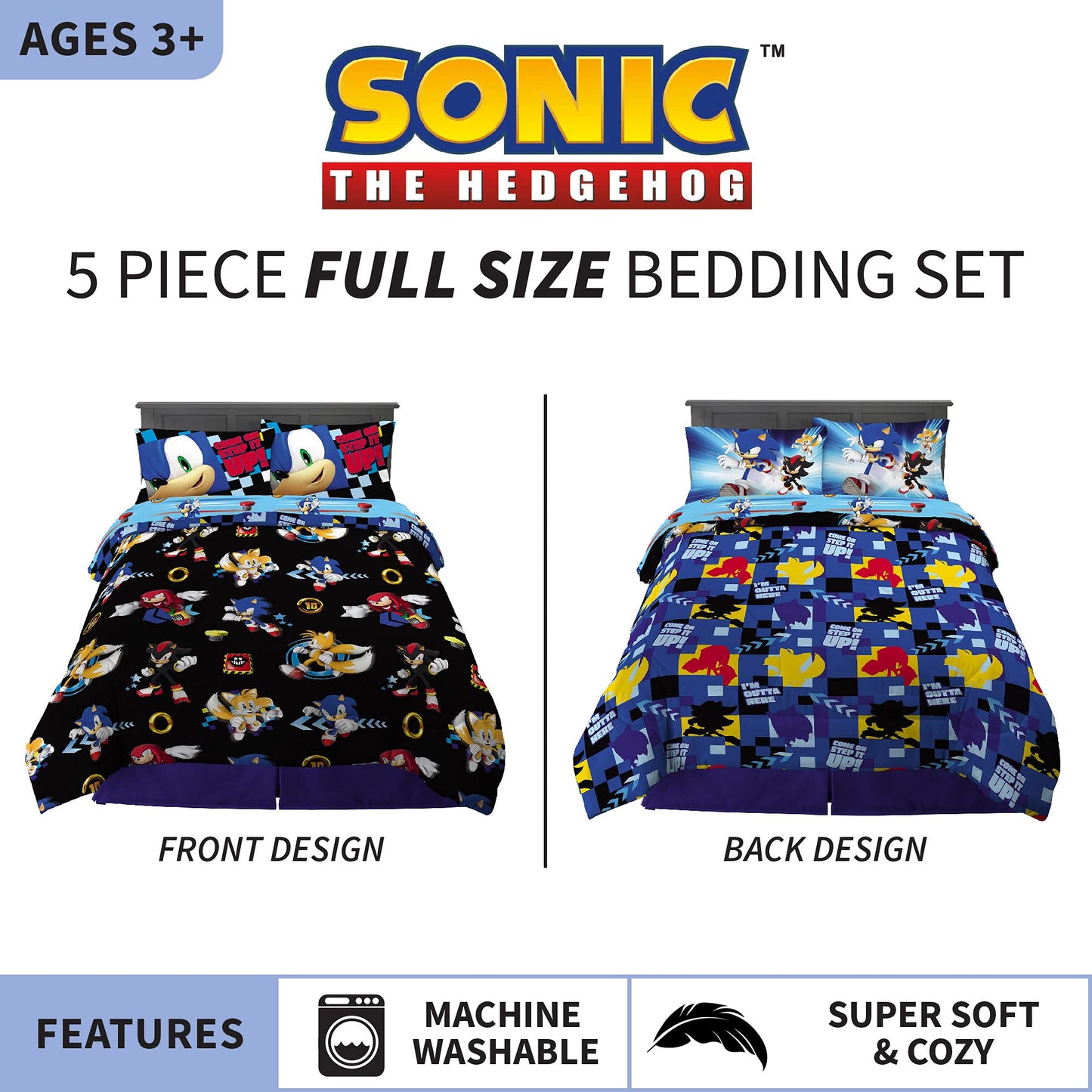 Franco Kids Bedding Super Soft Comforter and Sheet Set, 5 Piece Full Size, Sonic the Hedgehog