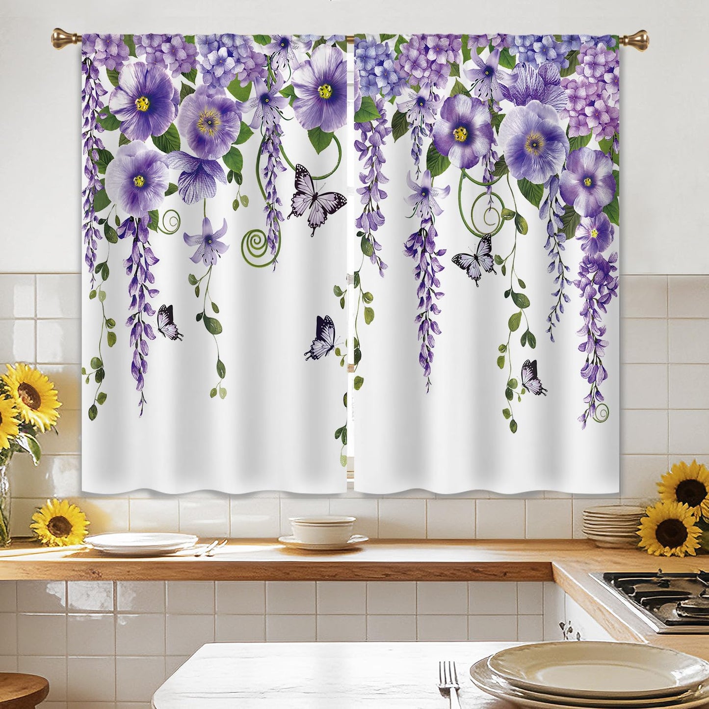Cizuug Purple Floral Butterfly Lavender Kitchen Curtains Purple Floral Farmhouse Country Drapes Rod Pocket Spring Lilac Flower Summer Small Short Cafe Tier Curtain for Bathroom 2 Panels (27.5x39Inch)