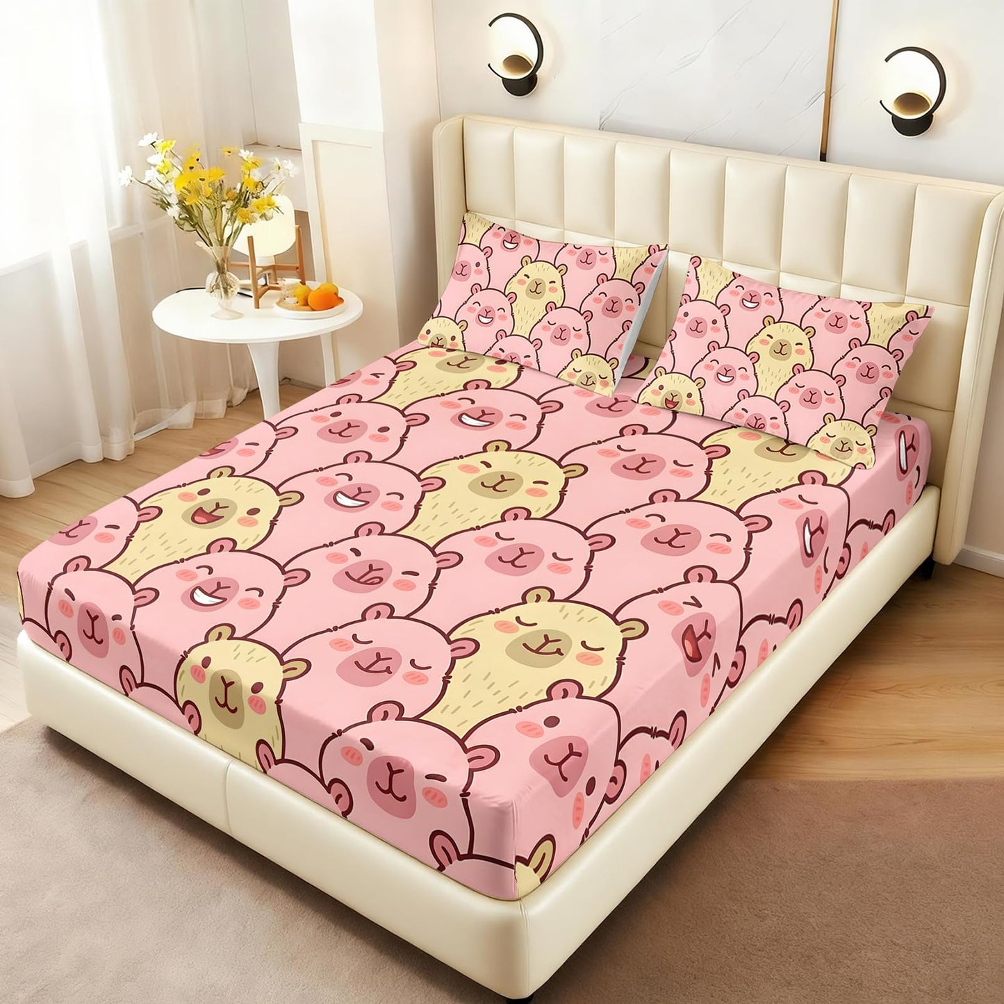 AILONEN 3 Piece Cute Capybara Faces Twin Fitted Sheet Set, 1 Fitted Sheet + 2 Pillowcases, Blush Animal face Pattern in Pink Tones