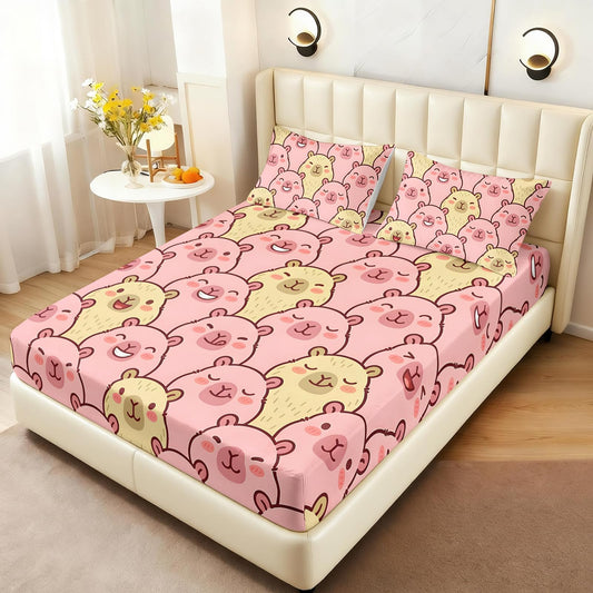 AILONEN 3 Piece Cute Capybara Faces Twin Fitted Sheet Set, 1 Fitted Sheet + 2 Pillowcases, Blush Animal face Pattern in Pink Tones