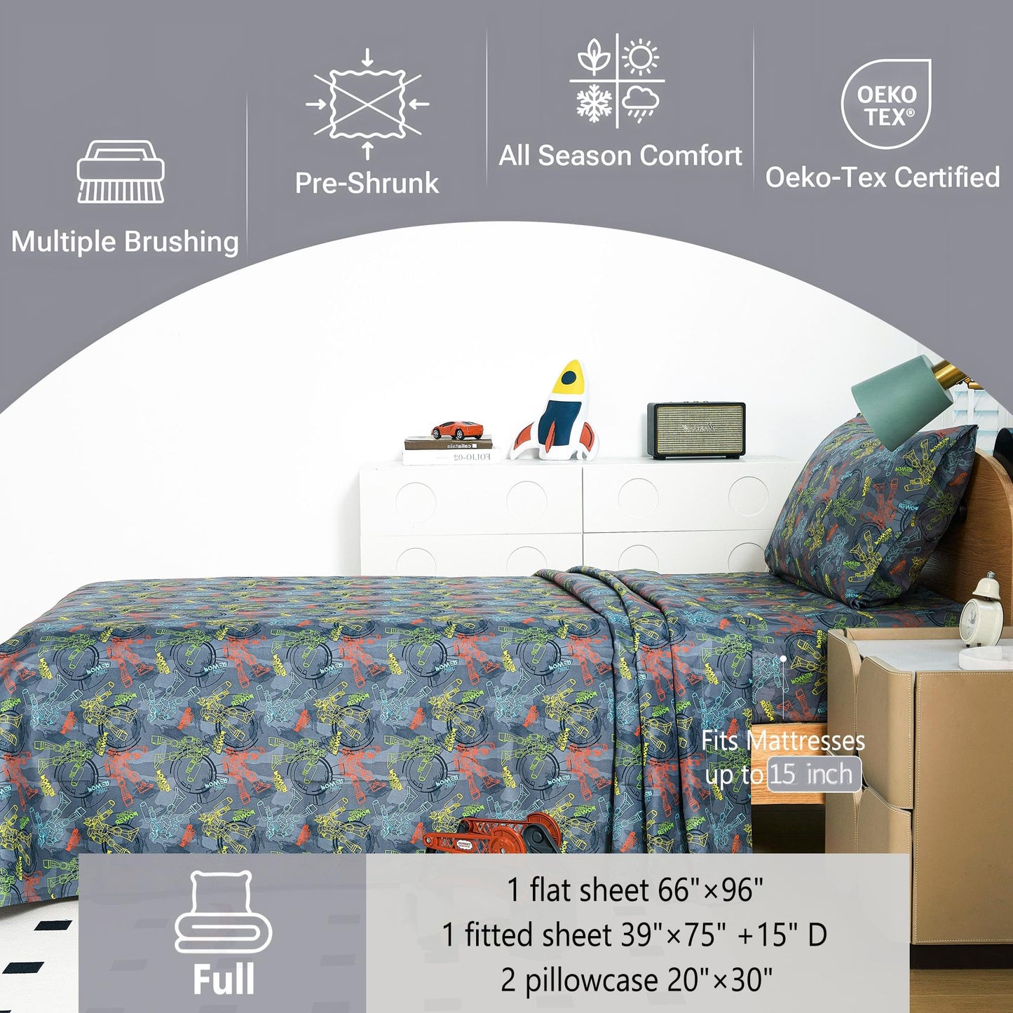 Softan Kids Bed Sheet Set, 4-Piece Full Size Sheets, Microfiber Fitted Sheet with 15 Inches Deep Pocket and Corner Straps, Breathable & Silky Soft Linear Robot Printed Sheet and Pillowcase Sets