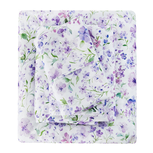 Viviland Floral Twin Sheet Set - 3 Piece Vintage Lavender Flower and Leaves Patterned Bed Sheets - Soft, Breathable Microfiber Sheets with Deep Pocket, Non-Slip Fitted Sheets & Pillowcases