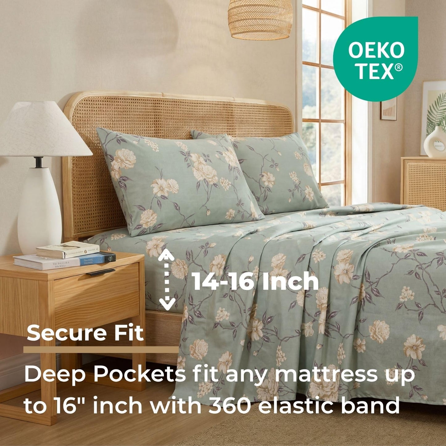 HLC.ME Vintage Green Floral Bed Sheets - 4 Piece Bed Sheet Set - Wrinkle Resistant & Ultra Soft - Fits Mattresses up to 15 Inches Deep (Queen)