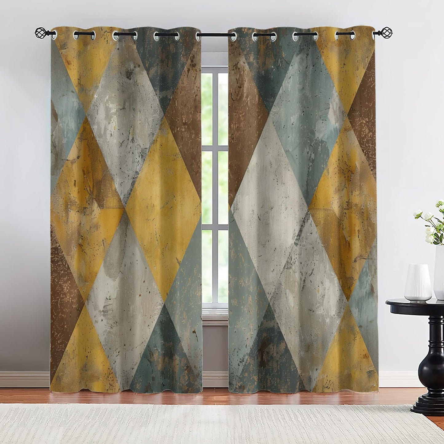 XAFIAUR Geometry Blackout Curtains, Rhombus Art Printed Drapes, Retro Geometry Thermal Insulated Drapes 2 Panels Darkening Window Curtain for Bedroom Living Room 31.5" W x 63" L x2