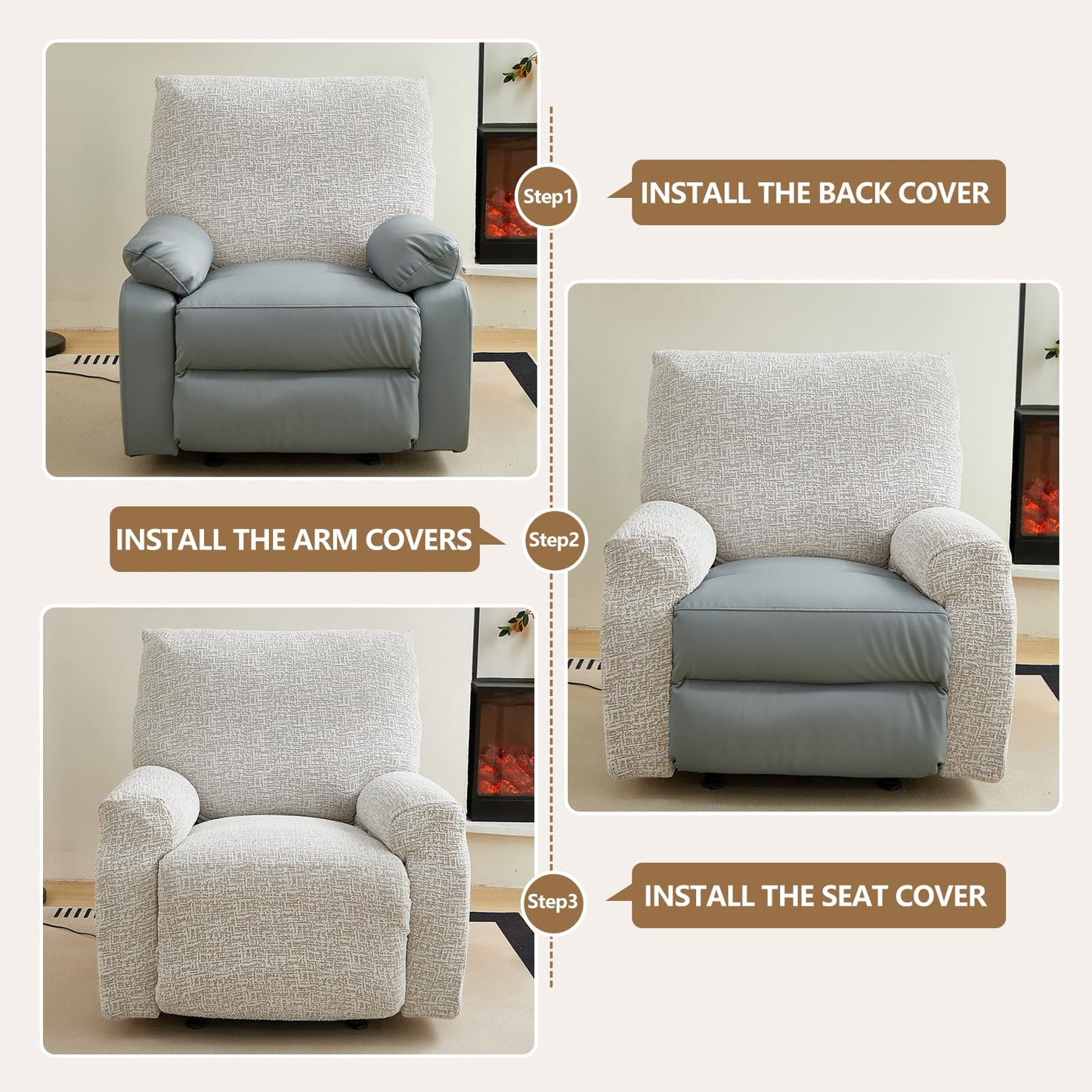 vctops Rustic Linen Look Recliner Chair Covers Washable, 4 Pieces Soft Chenille Recliner Cover, Anti Slip Stretch Couch Cover Sofa Slipcovers Furniture Protector for Dog,Kids (Coffee,1 Seater)