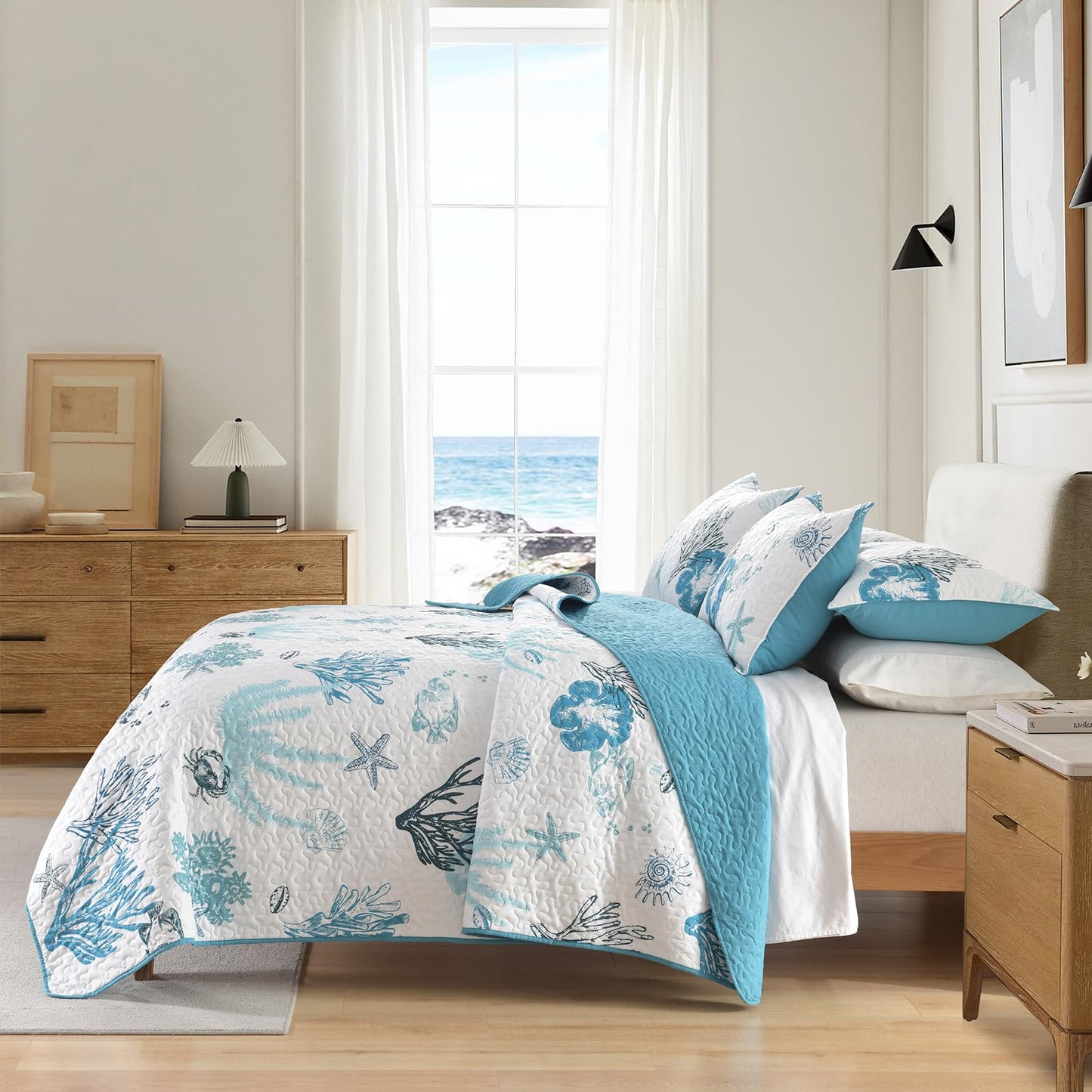HORIMOTE HOME Coastal Quilt Bedding Set Queen Size, Reversible Blue Summer Beach Quilt Lightweight Ocean Nautical Comforter Tropical Bedspread Coverlet with 2 Pillow Shams for All Seasons (90"x96")