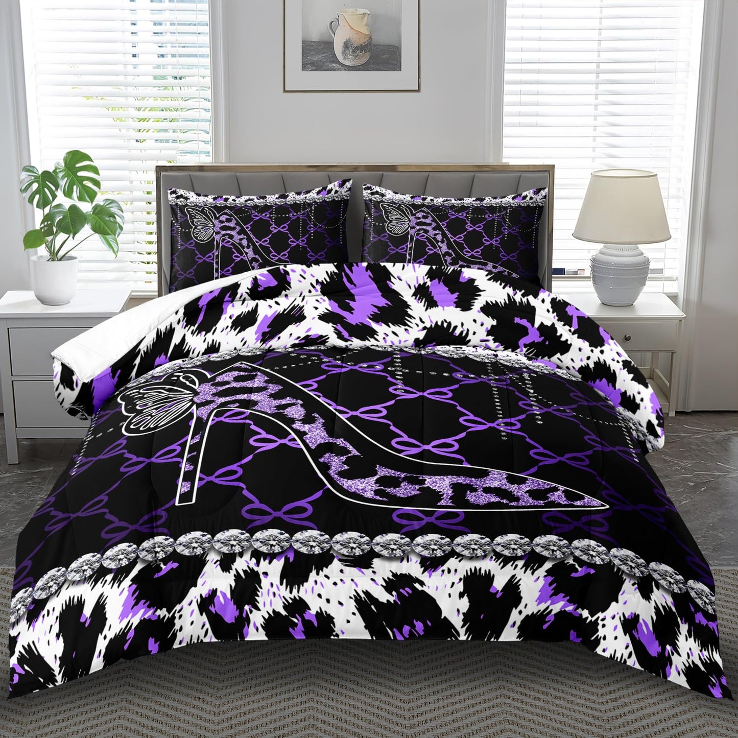 llyxsesty Purple Cheetah Print Comforter Set King Women Sexy High Heels Leopard Print Bedding Set Girls High Heels Leopard Comforter Quilt Animal Bedroom Decor Cheetah Bedding Bed Decor