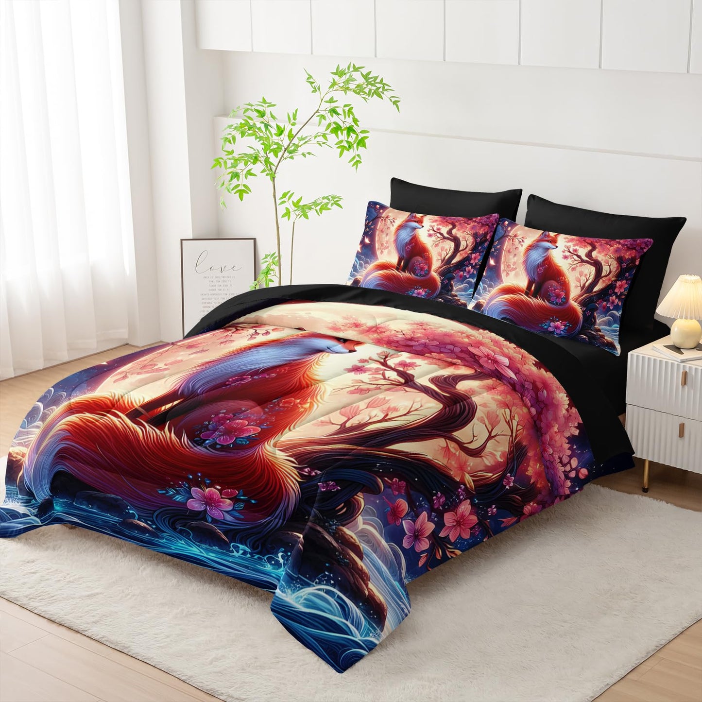 Nttopship Fox Comforter Set Twin Size 7PCS, Cartoon Fox Sakura Bedding Set 7 Piece in A Bag,Bed Sheet Set Wildlife Bedroom Decor,Microfiber Lightweight All Season