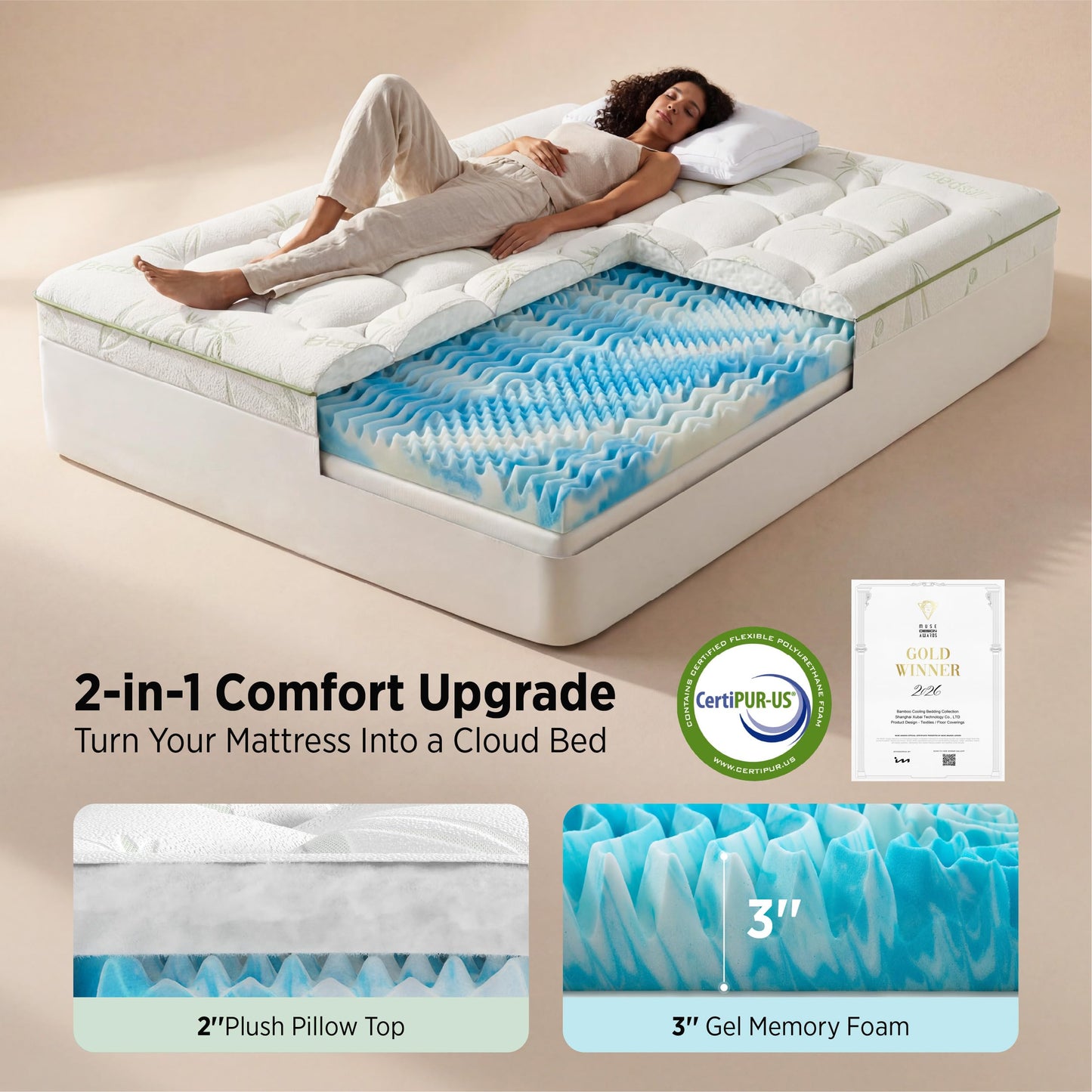 Bedsure 2-in-1 Mattress Topper, 5 Inch Memory Foam Mattress Topper Queen, 3 Inch Memory Foam + 2 Inch Viscose Made from Bamboo Mattress Topper Pad Cover, Flippable Memory Foam with Dual Comfort, White