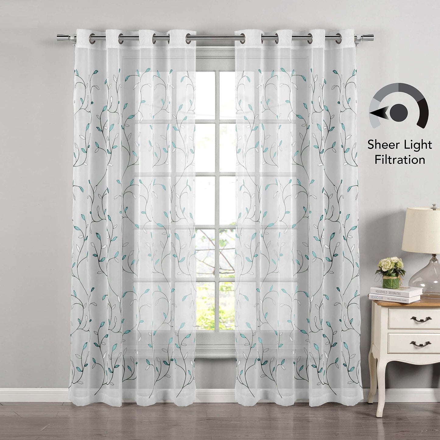 Creative Home Ideas Wavy Leaves, Embroidered Window Curtain with Grommets, Extra Wide Single Panel, 100% Polyester, Light Filtering, Sheer, Modern Drapes, 54" x 84", Turquoise