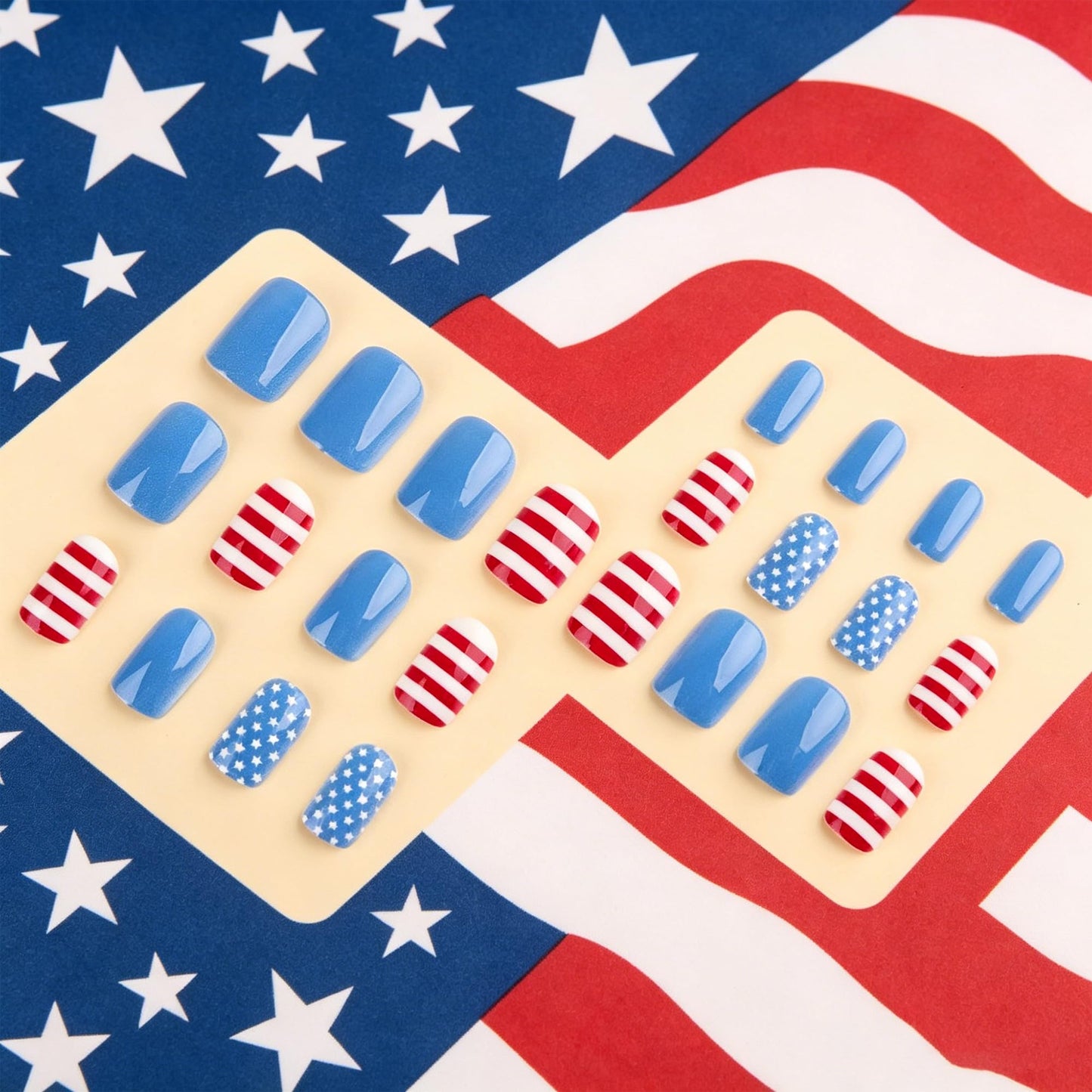 24Pcs Independence Day Press on Nails Short Square Fake Nails Red Blue White Stripes Stars Stick on False Nails Reusable Glossy Acrylic 4th of July Nails Full Cover Glue on Nails for Women Decor