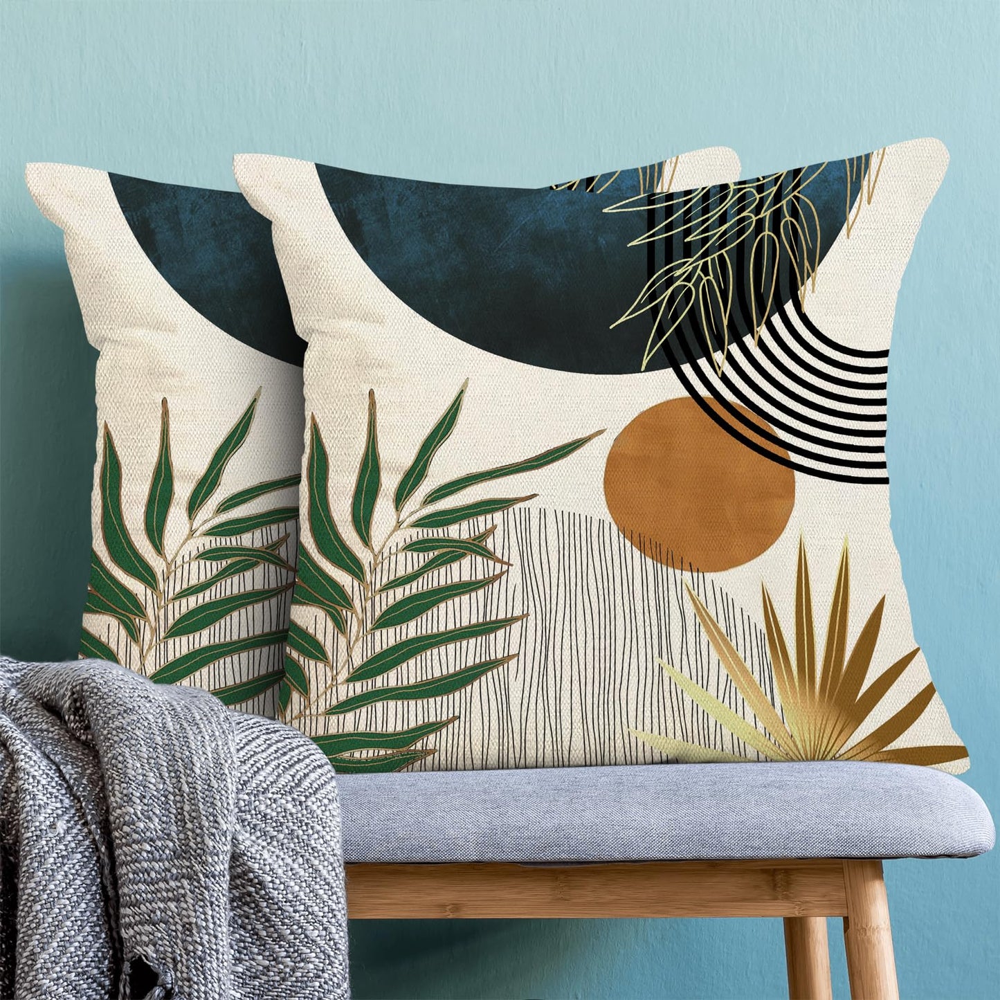 Boho Pillow Covers 18x18 Set of 2 Green Gold Navy Blue Throw Pillow Covers Outdoor Decoration Mid Century Bohemian Style Tropical Leaf Pillowcase Farmhouse Decorative Cushion Case For Home Sofa