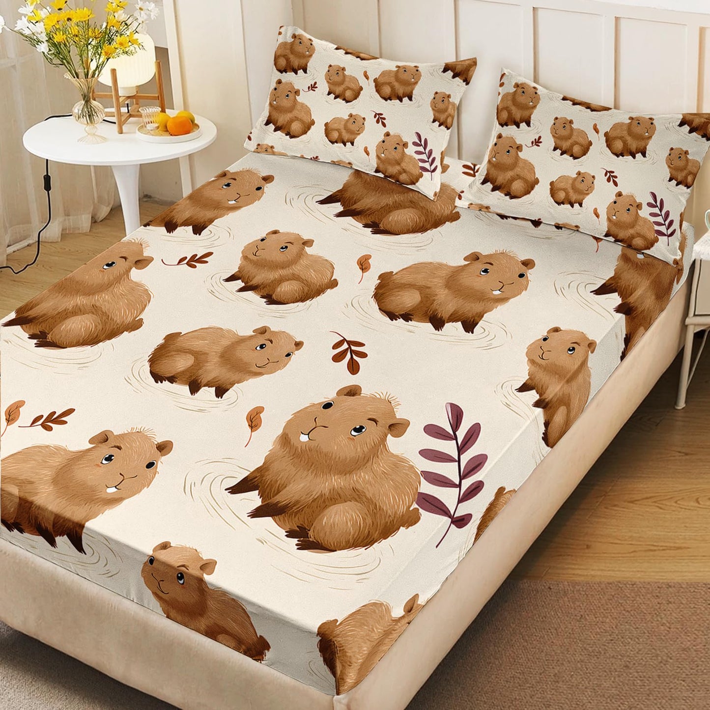 AILONEN Kids Bedding Cute Capybara Bed Sheet Set Twin Size, Cartoon Capybara Brown Bedding Set for Girls Boys Room Decor,Kawaii Animal Soft Fitted Sheet with 2 Pillowcases,3Pcs