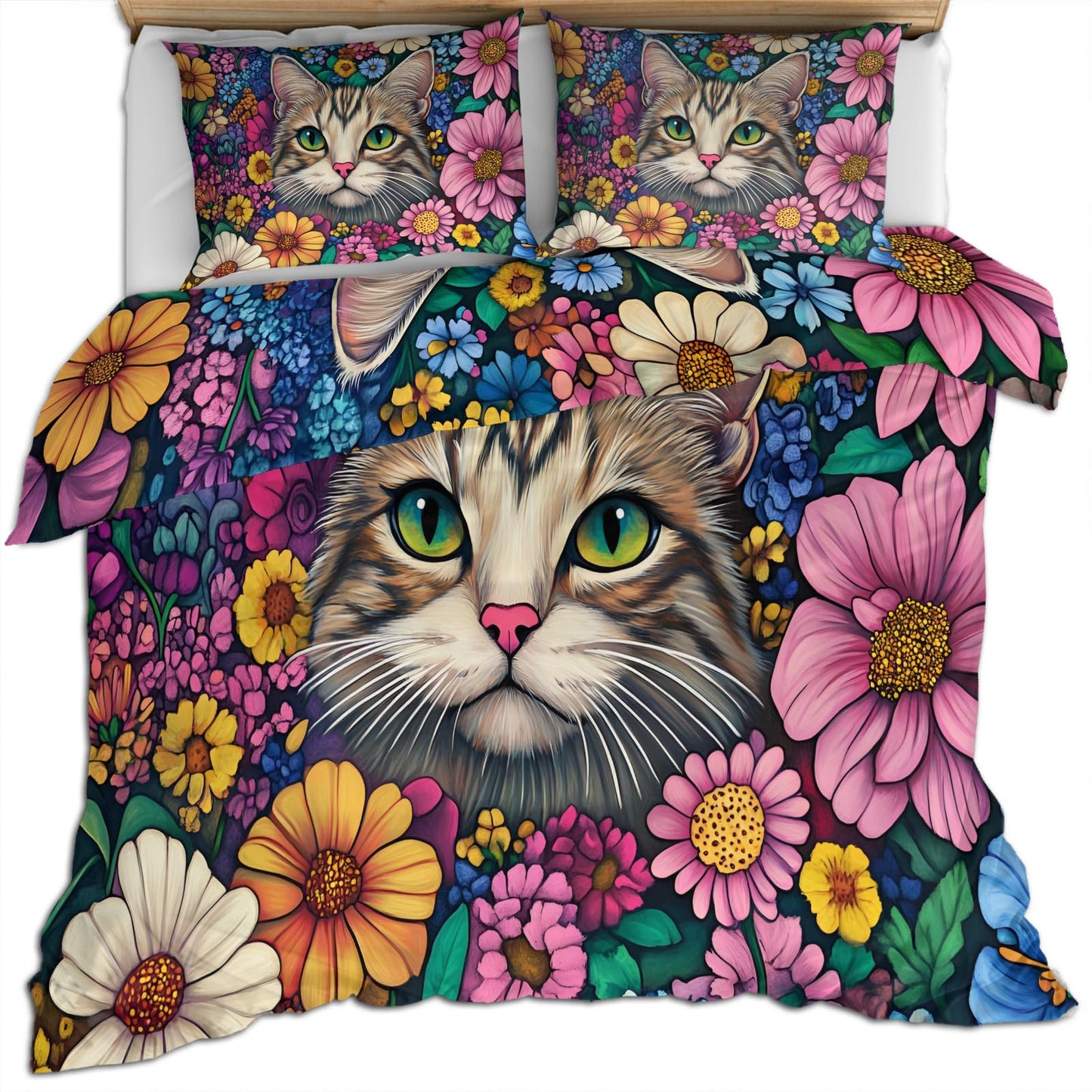 PAISUOQ Cat Print Bedding Sets Full Boho Flowers Comforter Cover with Zipper Ties, Rustic Floral Animal Duvet Cover with 2 Pillowcases, 3 Pieces，Bedroom Decor & Gifts