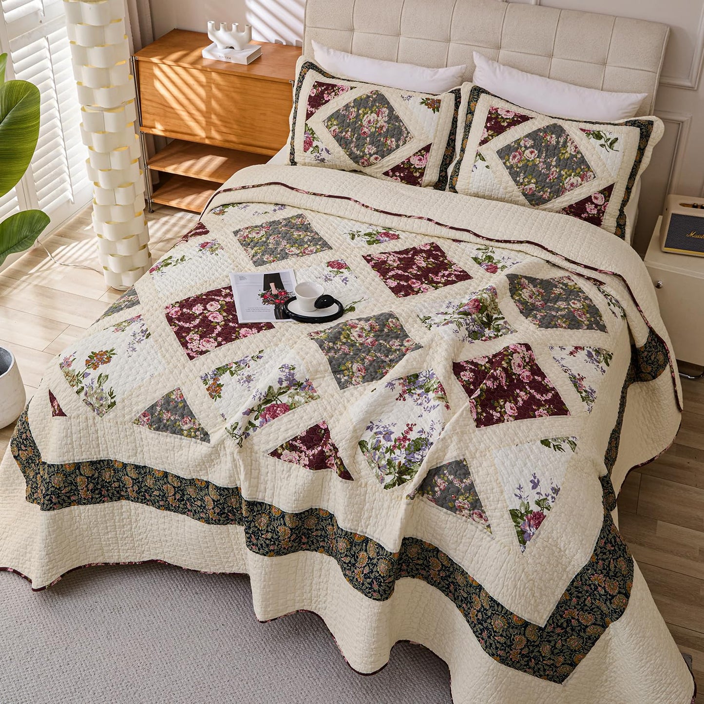 Cmfshape Floral Quilt Sets Bedspread Set 100% Cotton Patchwork Bedding Set,All Season Use Lightweight Reversible Coverlet Quilts with 2 Pillow Shams(Queen 92"x96")