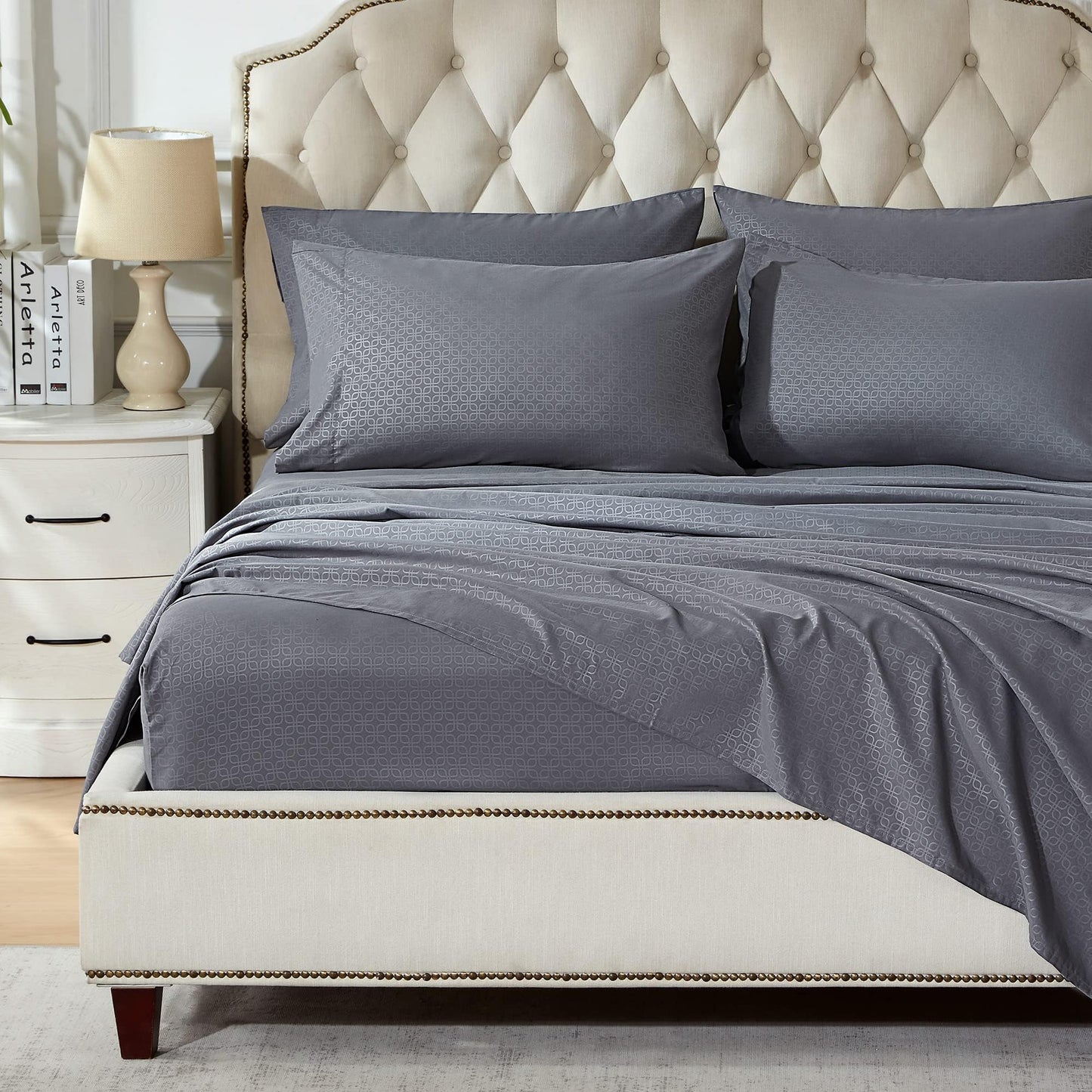 SLEEP ZONE Luxury Embossed Queen Sheets Set, Four-Leaf Clover Pattern Sheet & Pillowcase Sets 4 Piece - Super Soft, Wrinkle Free, Fade Resistant, Deep Pocket 16" (Gray, Queen)