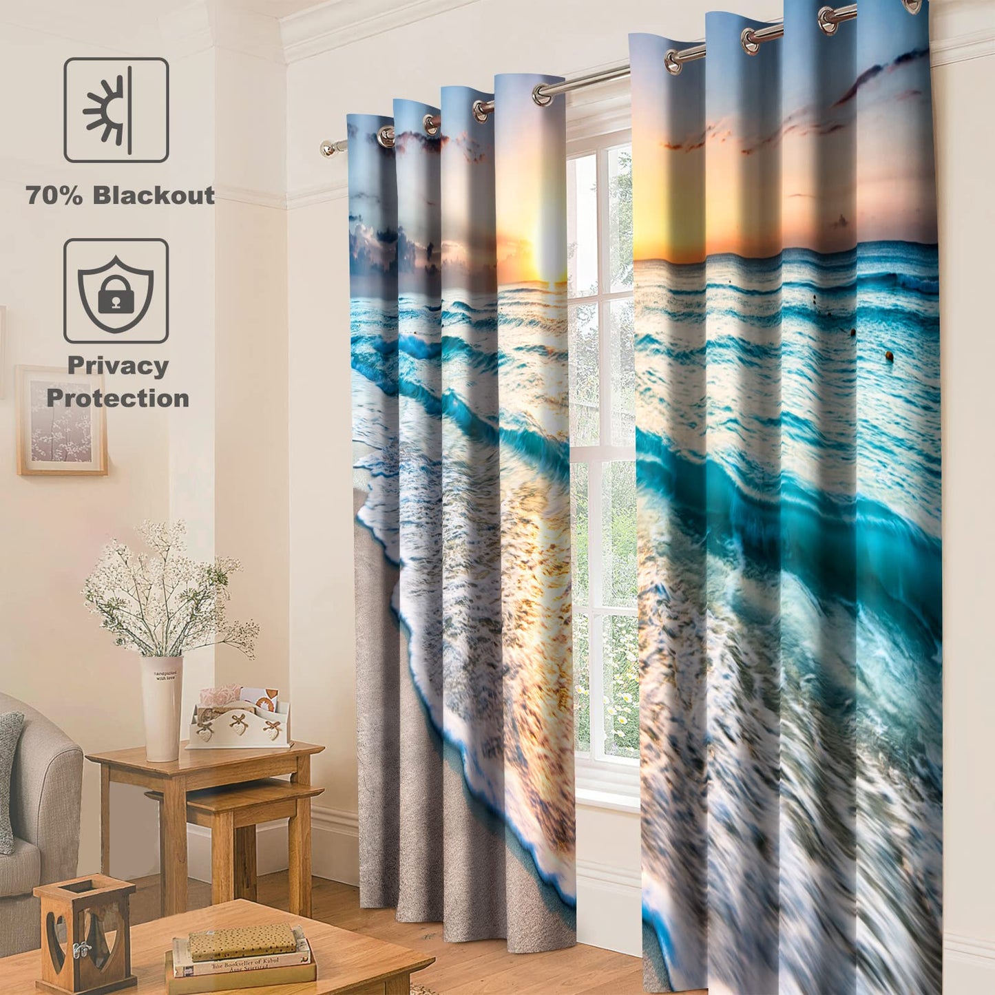 Jekeno Beach Ocean Waves Blackout Curtains Tropical Sea Sunrise Seaside Coastal Scenic Hawaiian Scenery Decor for Home Bedroom Living Room Darkening Grommet Window Drapes 2 Panel Set, 52"x84"