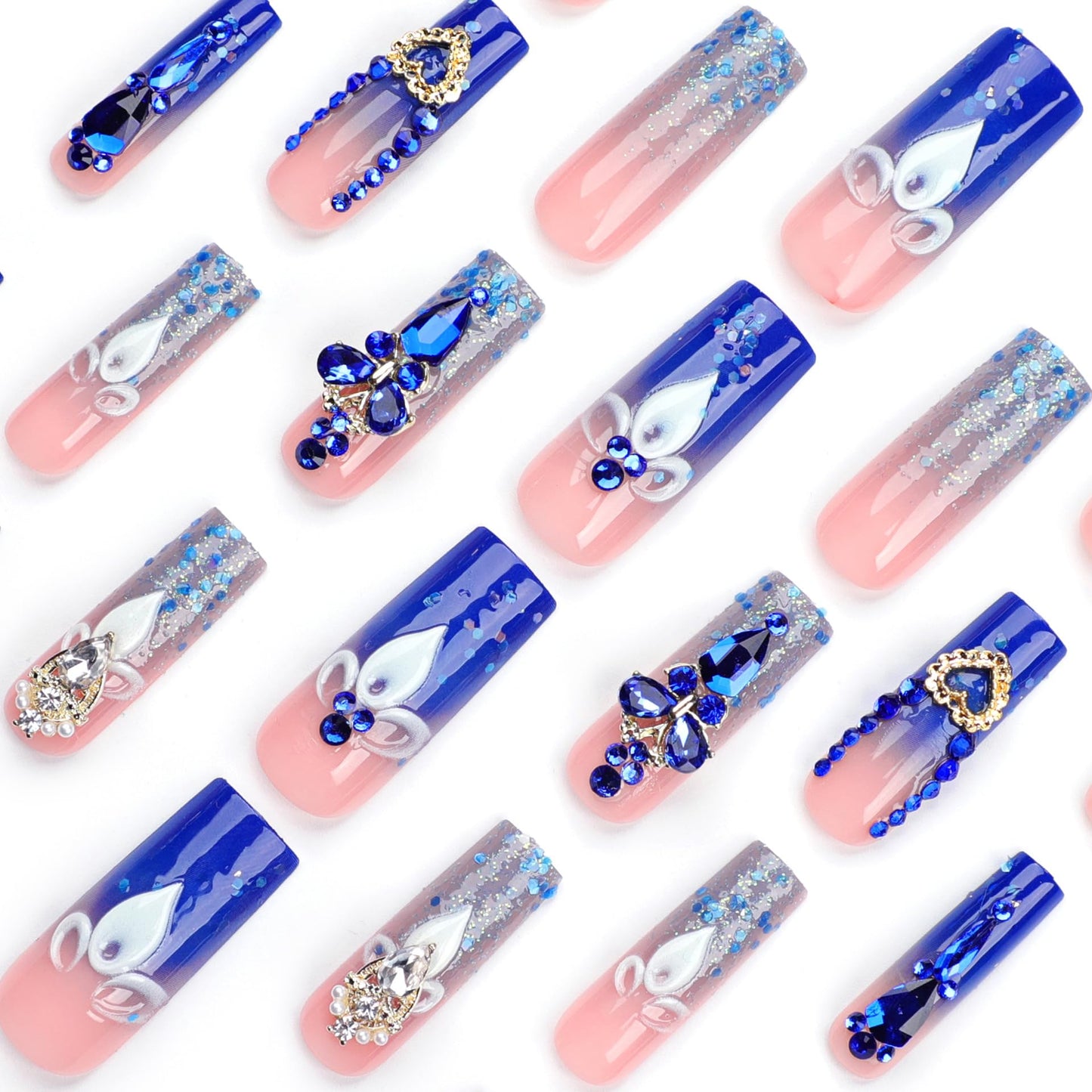RTKHFZE Extra Long Press on Nails Square Fake Nails French Tip Acrylic False Nails with Blue Gradient Nails Designs with Rhinestones and Flower Artificial Nail Full Cover Glue on Nail for Women